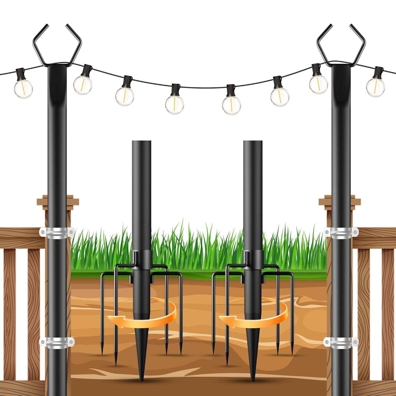 2 Pack String Light Poles,10 Ft Light Poles for Outside String Lights,Outdoor Lights Pole with Fork,Metal Poles Stand for Patio Deck Backyard