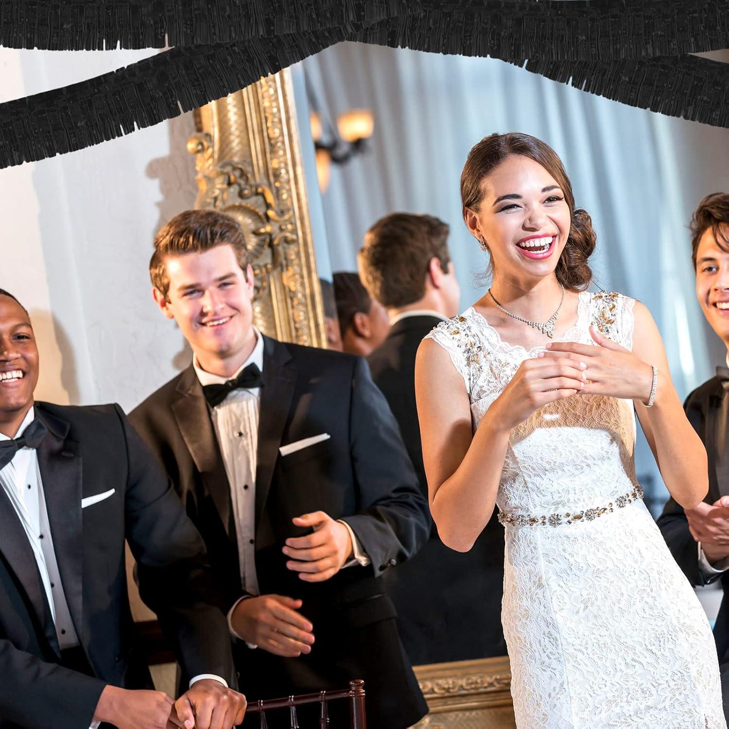 6 Pack 10 Feet Metallic Foil Fringe Garland Tinsel Streamers, Boriyuan Wall Hanging Fringe Backdrop Banner for Parade Floats, Wedding, Birthday, Christmas, New Year Party Decorations (Black)