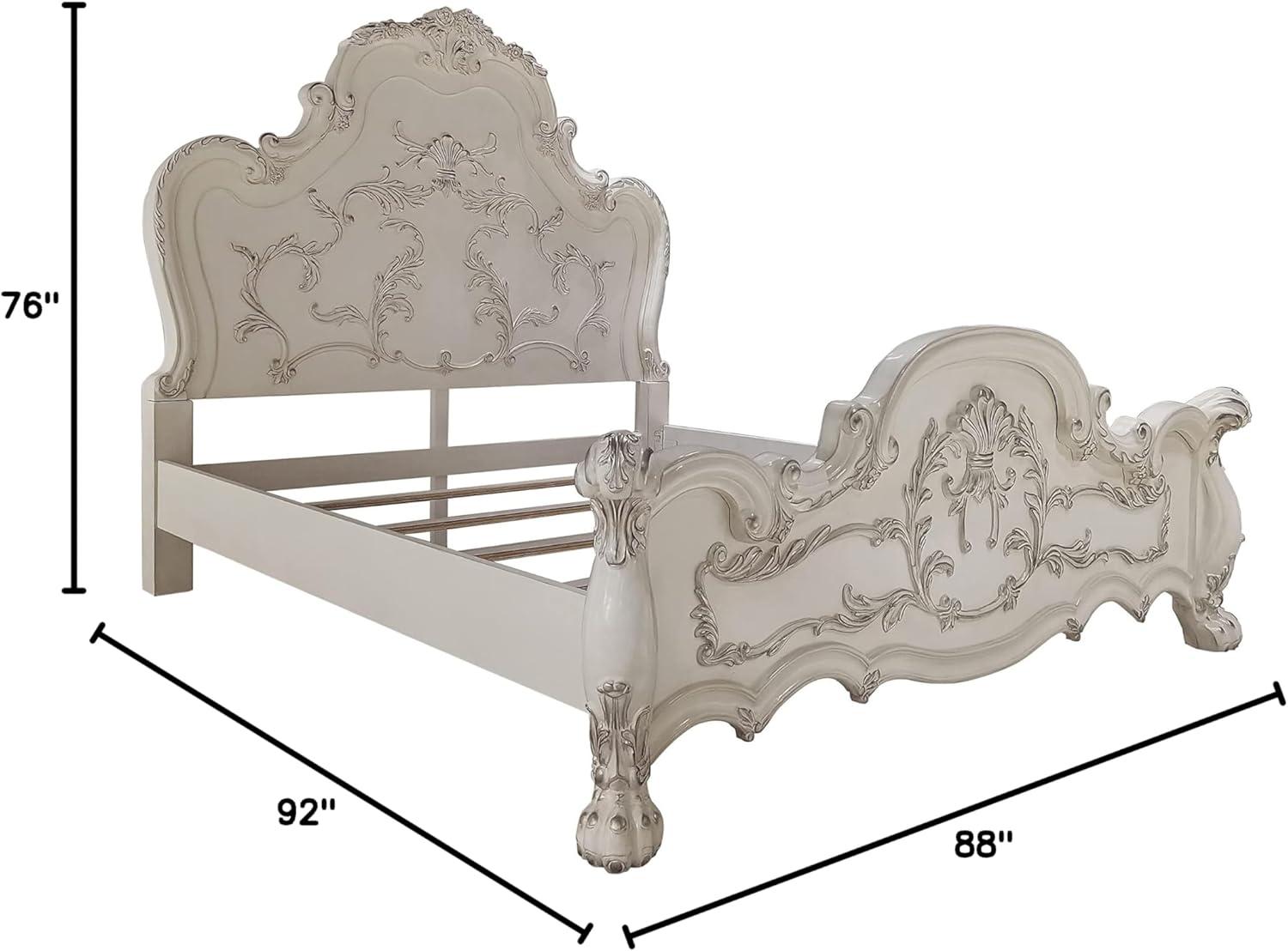 92" Eastern King Bed Dresden Bed Bone White Finish - Acme Furniture: Traditional Design, Claw Feet, Faux Leather Upholstery