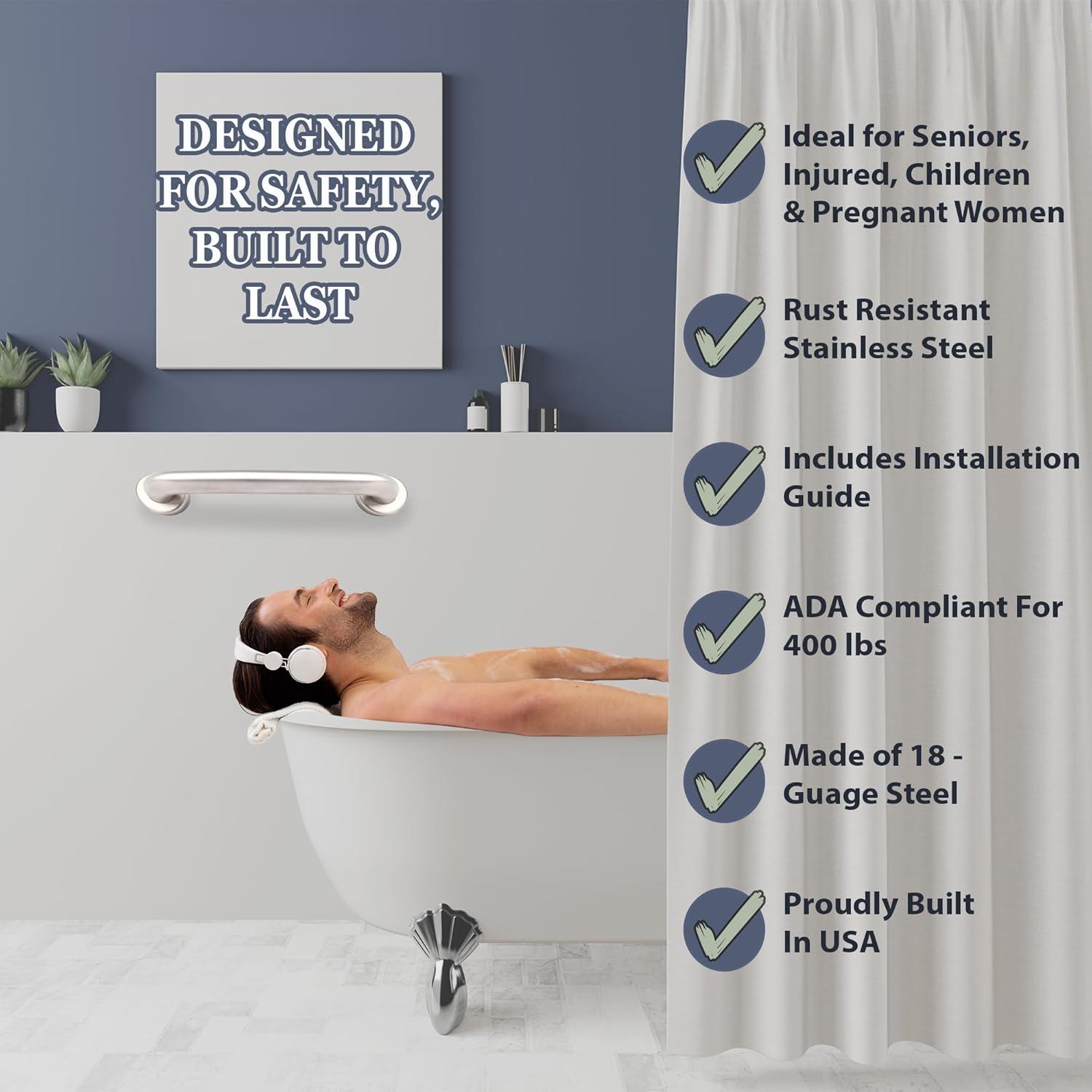 Grab Bar for Bathtub Shower - 1.5" Dia. / Stairs Bed Toilet Bathroom / Stand Assist & Safety Handrail / 304 Stainless Steel / Smooth Grip / 12"