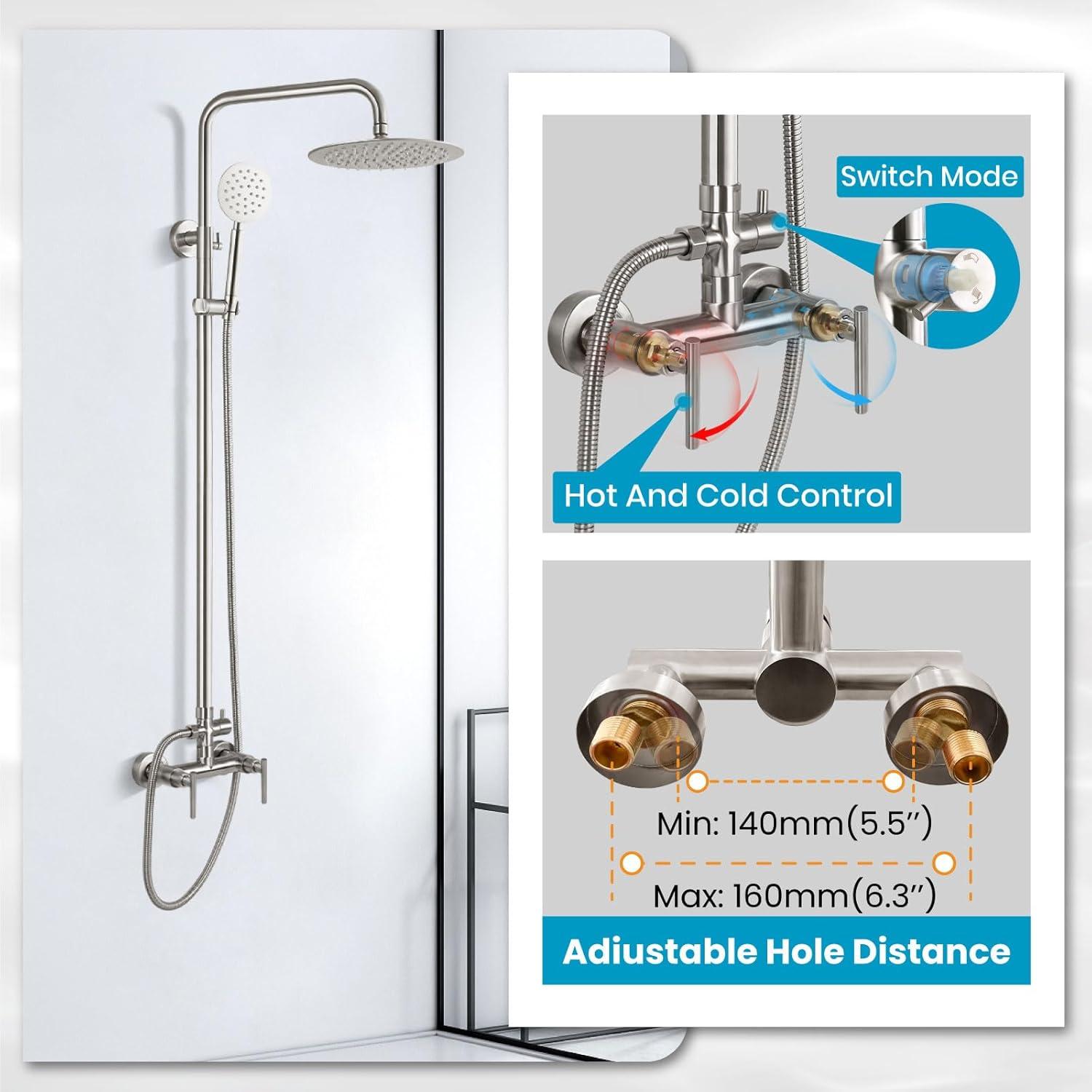 Brushed Nickel Wall Mounted Rain Shower System with Handheld