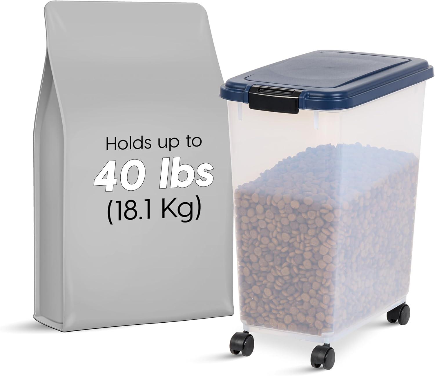 IRIS USA 40 Lbs / 45 Qt WeatherPro Airtight Pet Food Storage Container with Attachable Casters, For Dog Cat Bird and Other Pet Food Storage Bin, Keep Fresh, Translucent Body, Easy Mobility, Navy