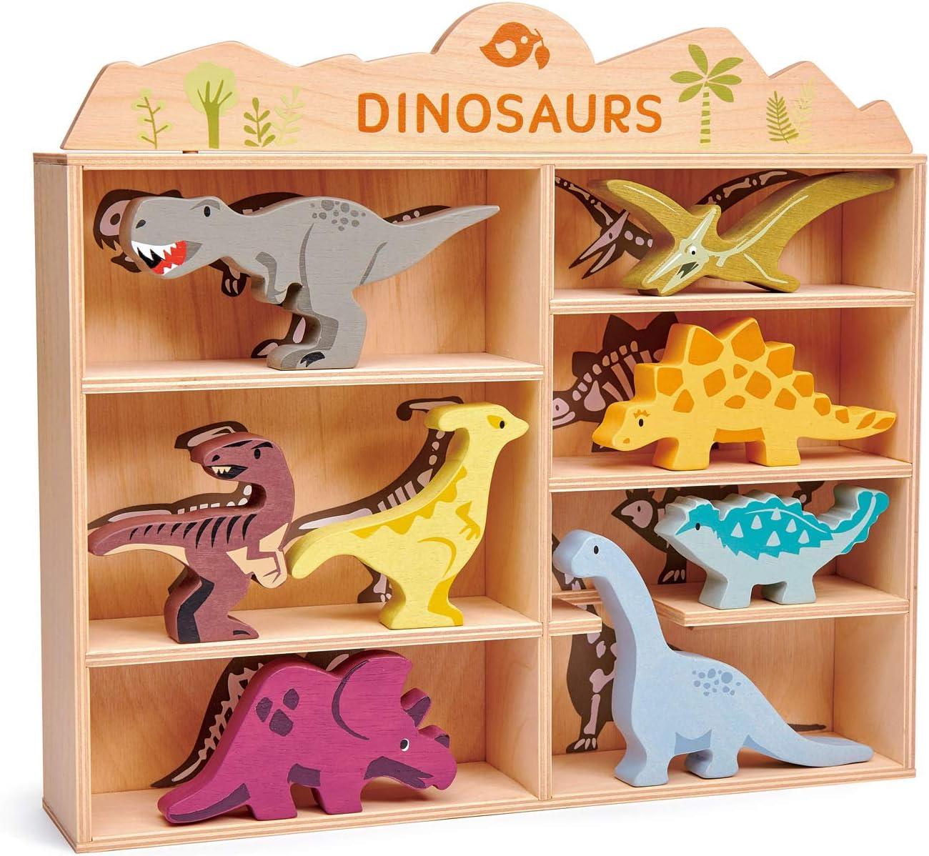 Wooden Dinosaur Figurines with Display Shelf for Kids