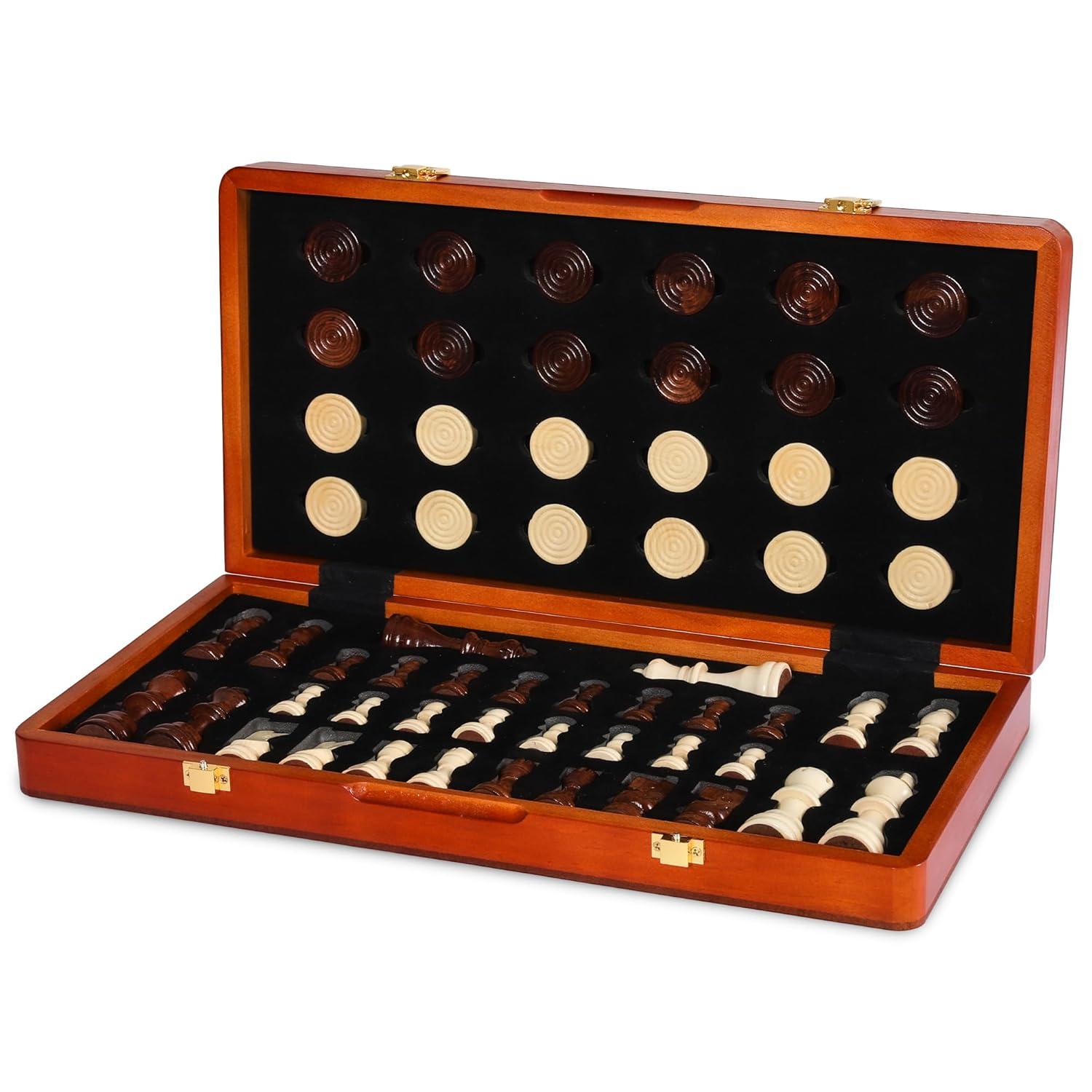 KiddiTouch 15 inch Magnetic Wooden Chess Set 2 in 1 Folding Chess Board Travel Chess Games for Adults and Kids