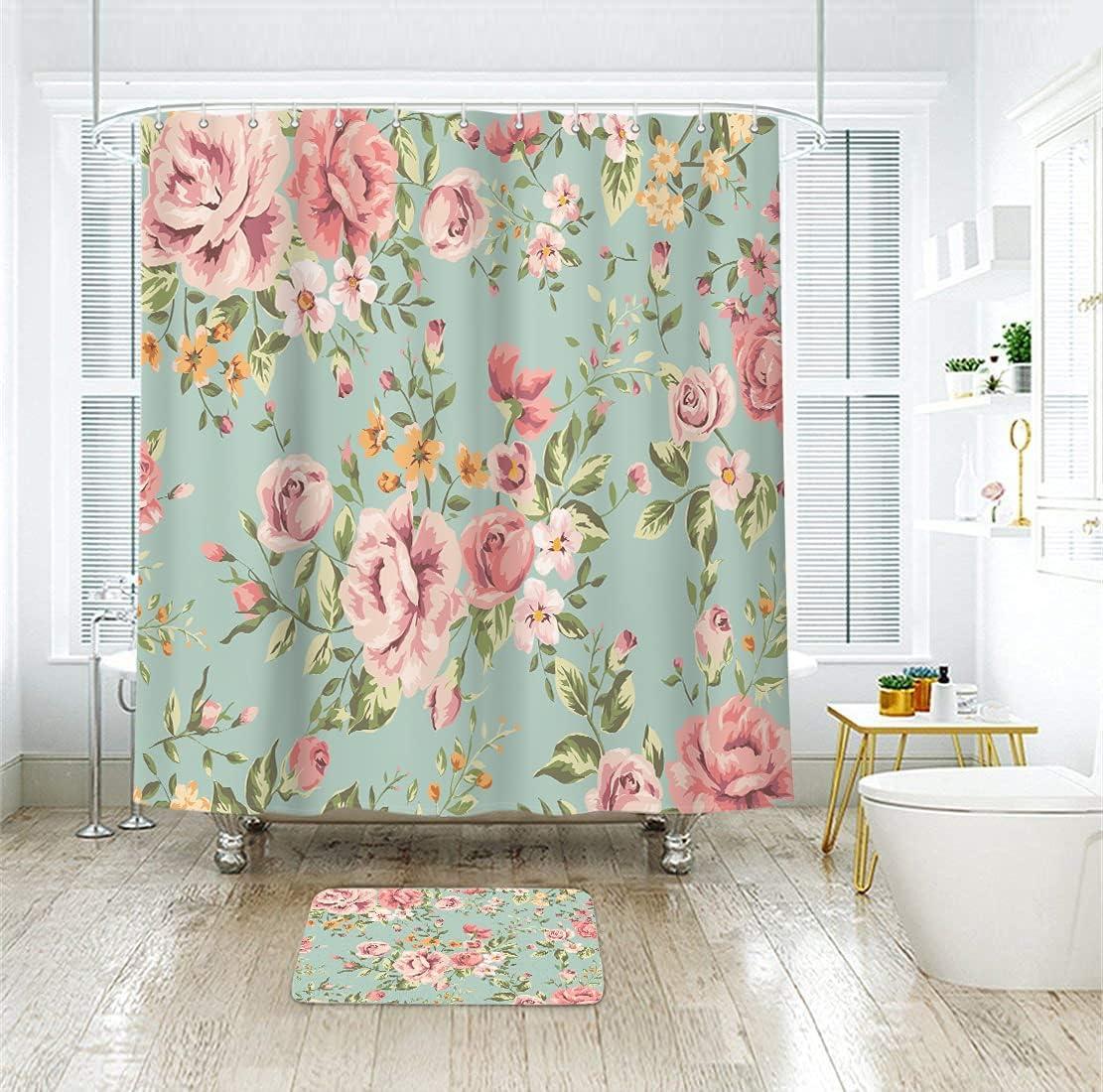 Fabric Pink Flower Shower Curtain for Bathroom 72Wx72H Inch Rose Floral Blooming Green Leaves for Girl Women Bathtub Accessories Decor Rustic Waterproof Fabric Bathroom 12 Pack Hooks WW-NDHC