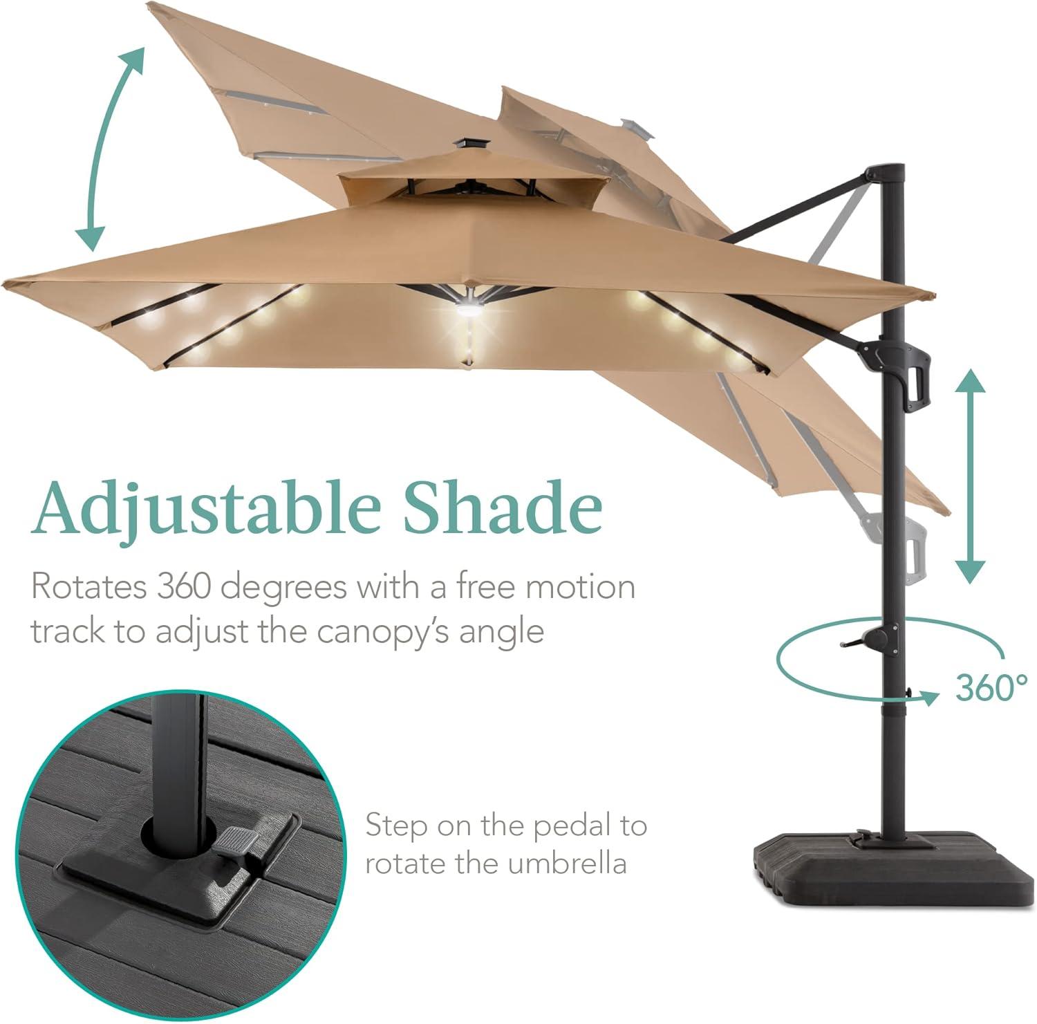 Best Choice Products 10x10ft 2-Tier Square Outdoor Solar LED Cantilever Patio Umbrella w/ Base Included - Tan