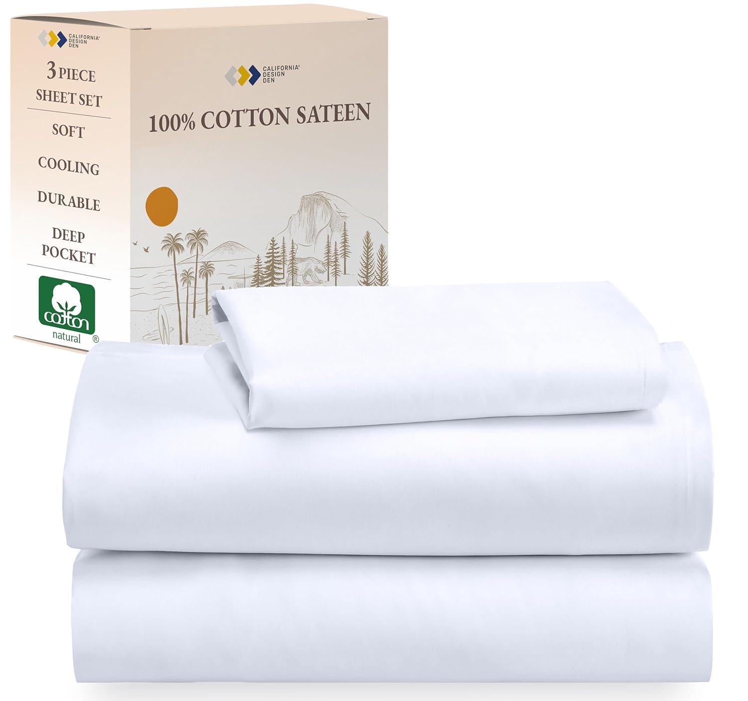Soft 100% Cotton Sheets Set - Cooling Durable Sateen, Deep Pocket - by California Design Den - Bright White, Twin