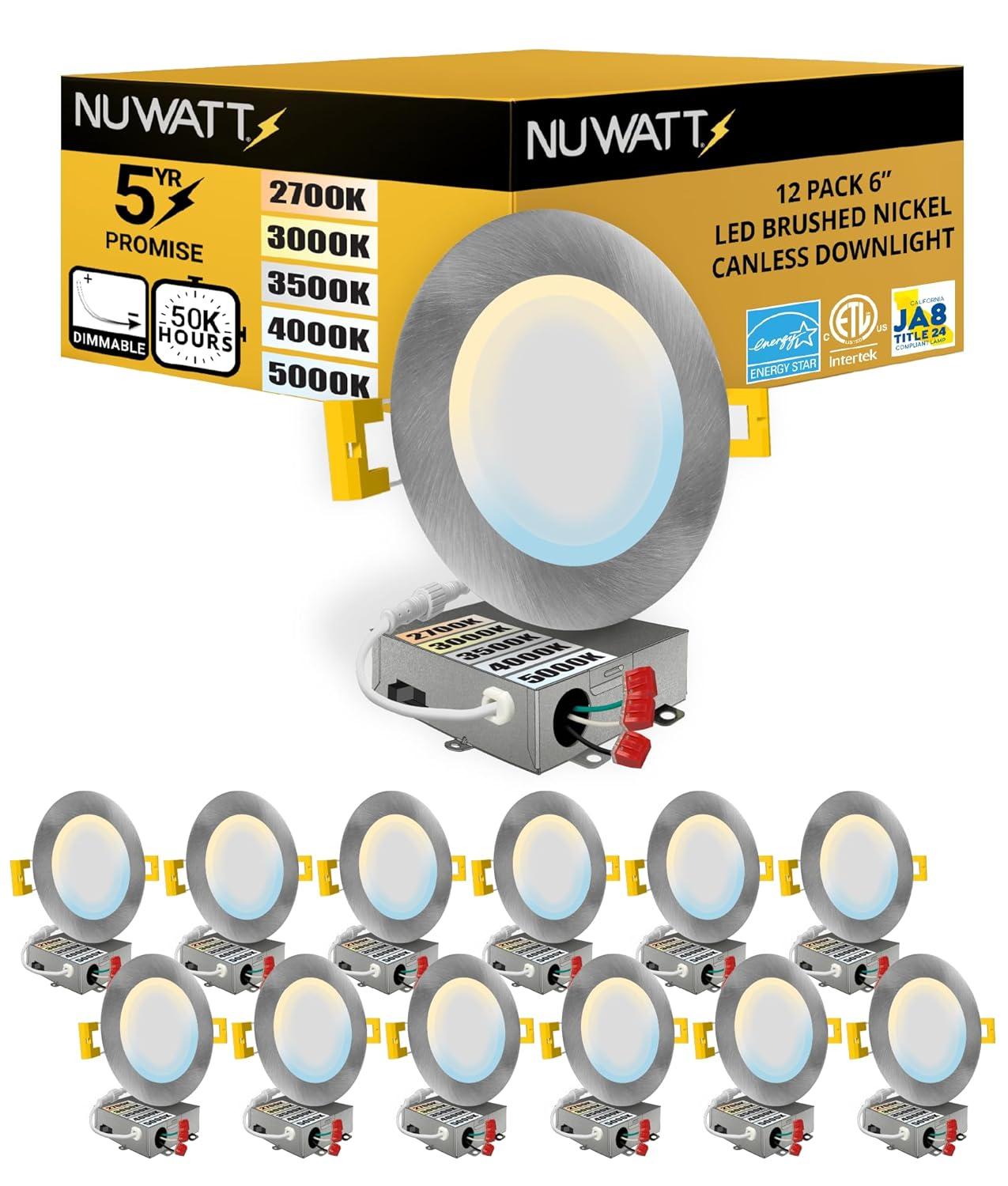 NUWATT Panel Downlight 6'' Selectable Color Temperature Dimmable Air-Tight IC Rated LED Canless Recessed Lighting Kit (Set of 12) NW-P-DL-6-15W-5CT-BN-12P
