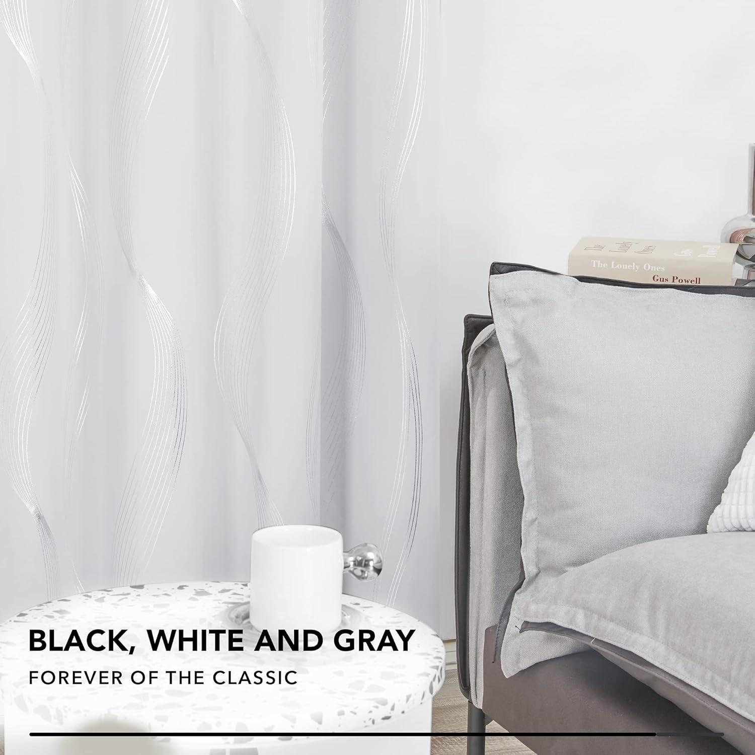 Deconovo Silver Wave Line Foil Printed Blackout Curtains Grommet Panels with 52x54 inch 1 Pair White