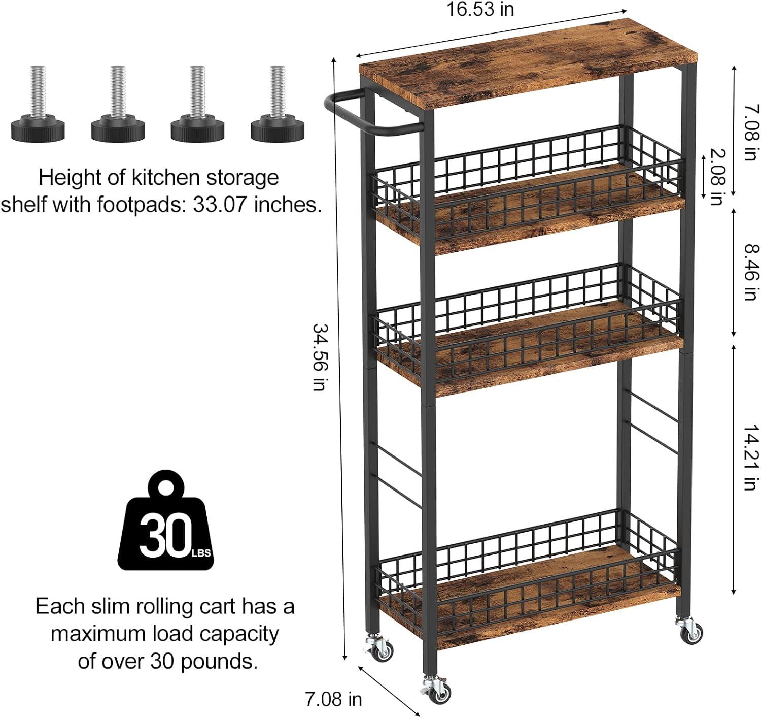 Slim Brown Wood and Metal 4-Tier Rolling Kitchen Cart