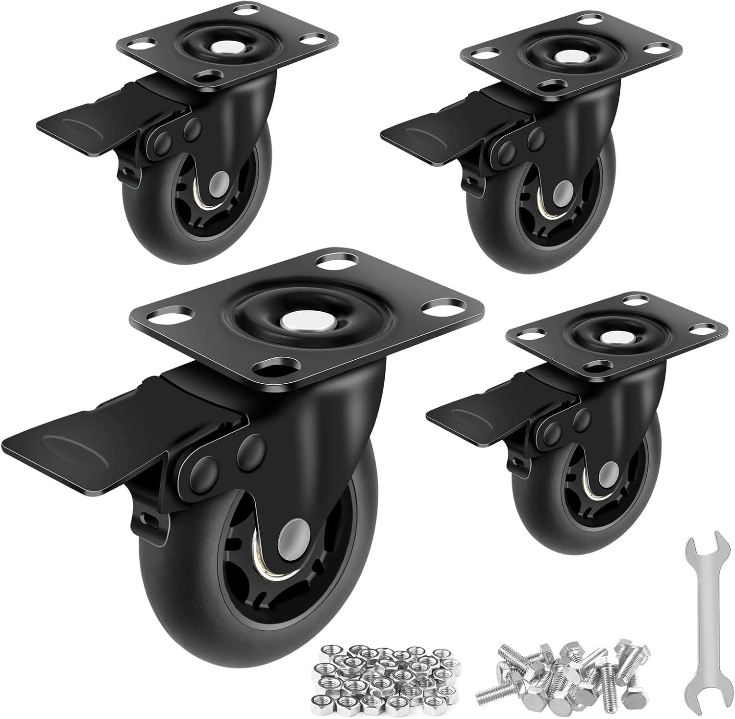 Heavy Duty 3-Inch Black Rubber Swivel Casters with Brakes, Set of 4