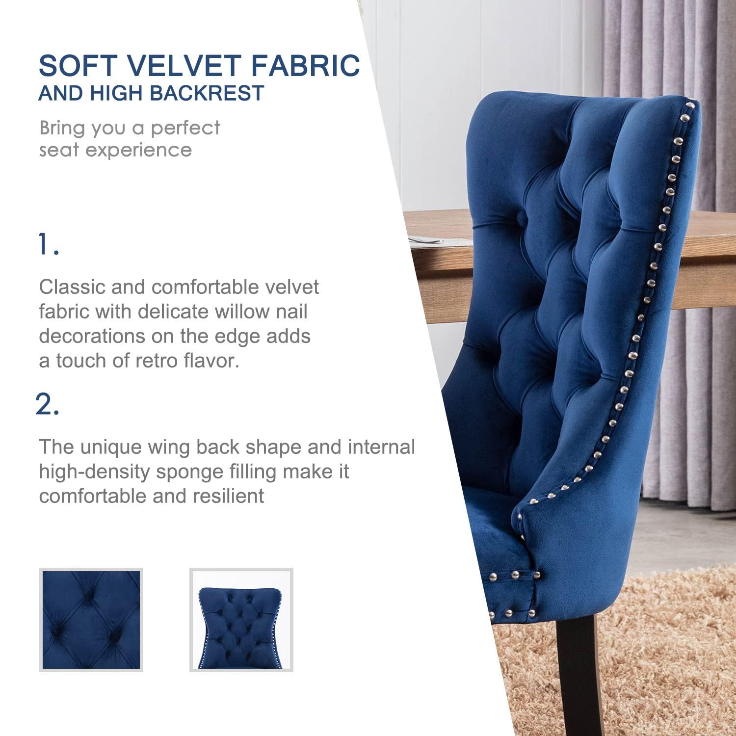 ODUSE-DAILY Velvet Dining Chairs Set of 2, Navy Kitchen & Dining Room Chairs, Tufted Dining Chairs, Fabric Upholstered, Solid Wood, Sillas De Comedor (Blue, 2 Pcs)