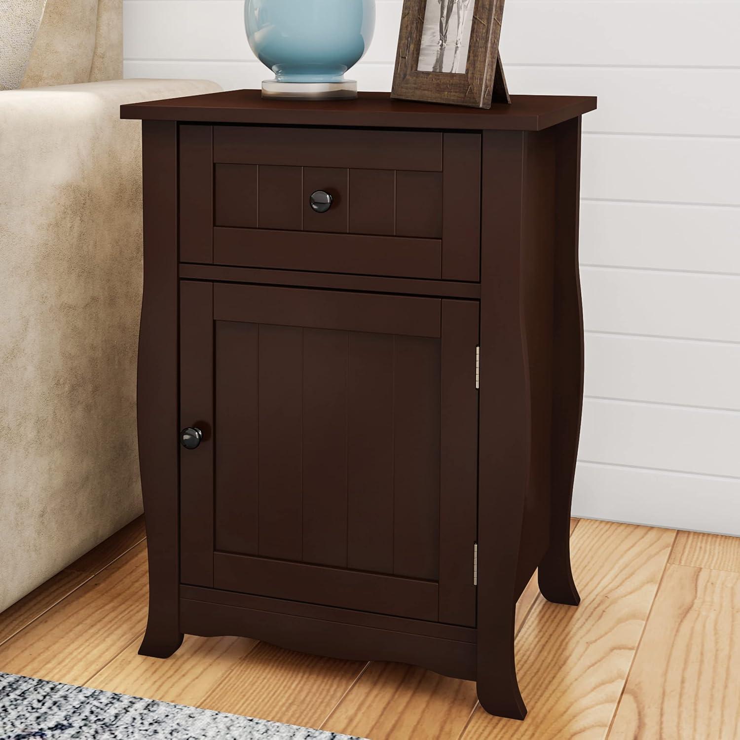 Dark Brown Wood and Metal Storage End Table with Drawer