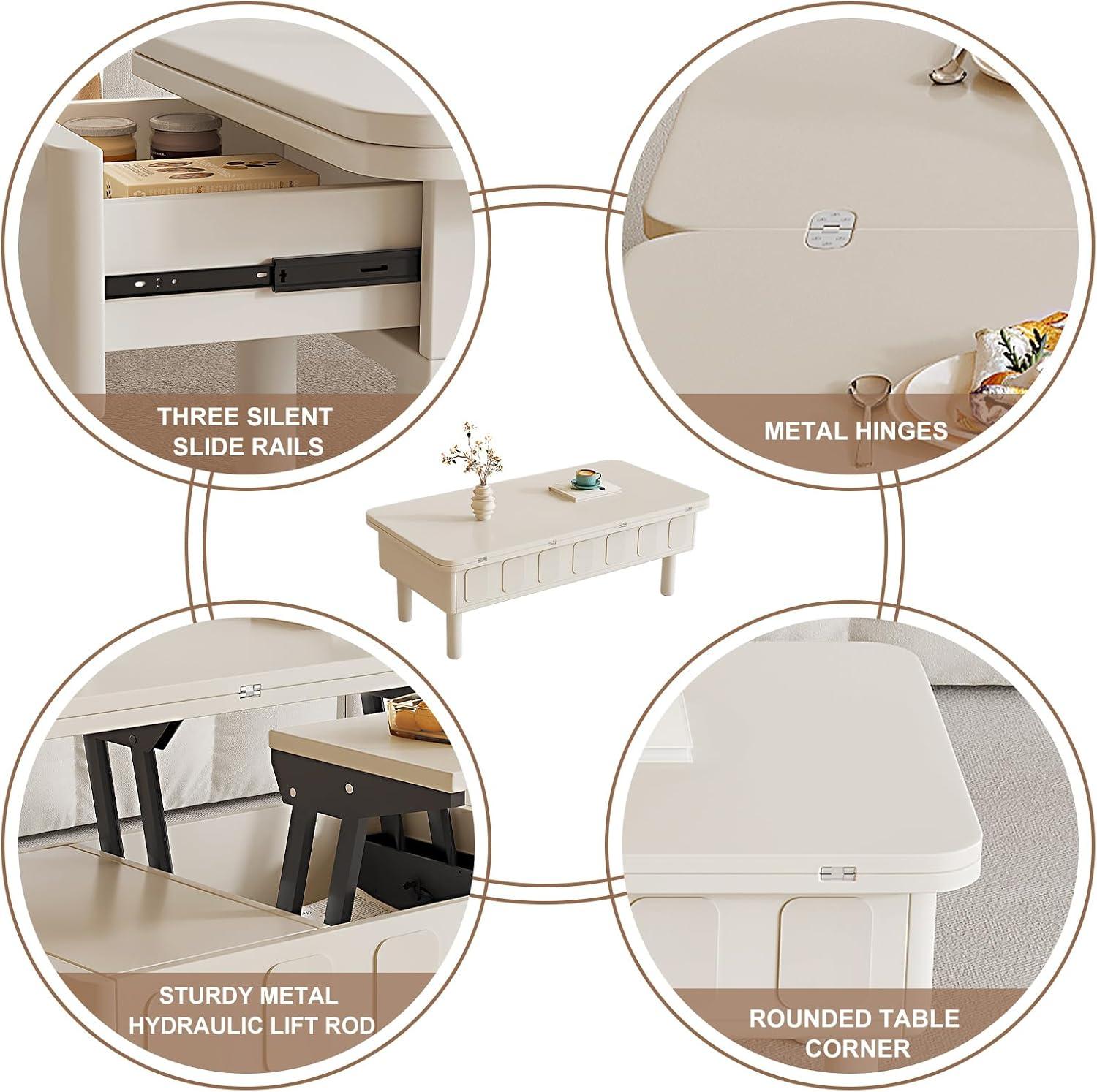 Guyii Extendable Coffee Table, 3-in-1 Lift Top Coffee Table with 2 Storage Drawers and Hidden Compartment for Living Room, Home, White