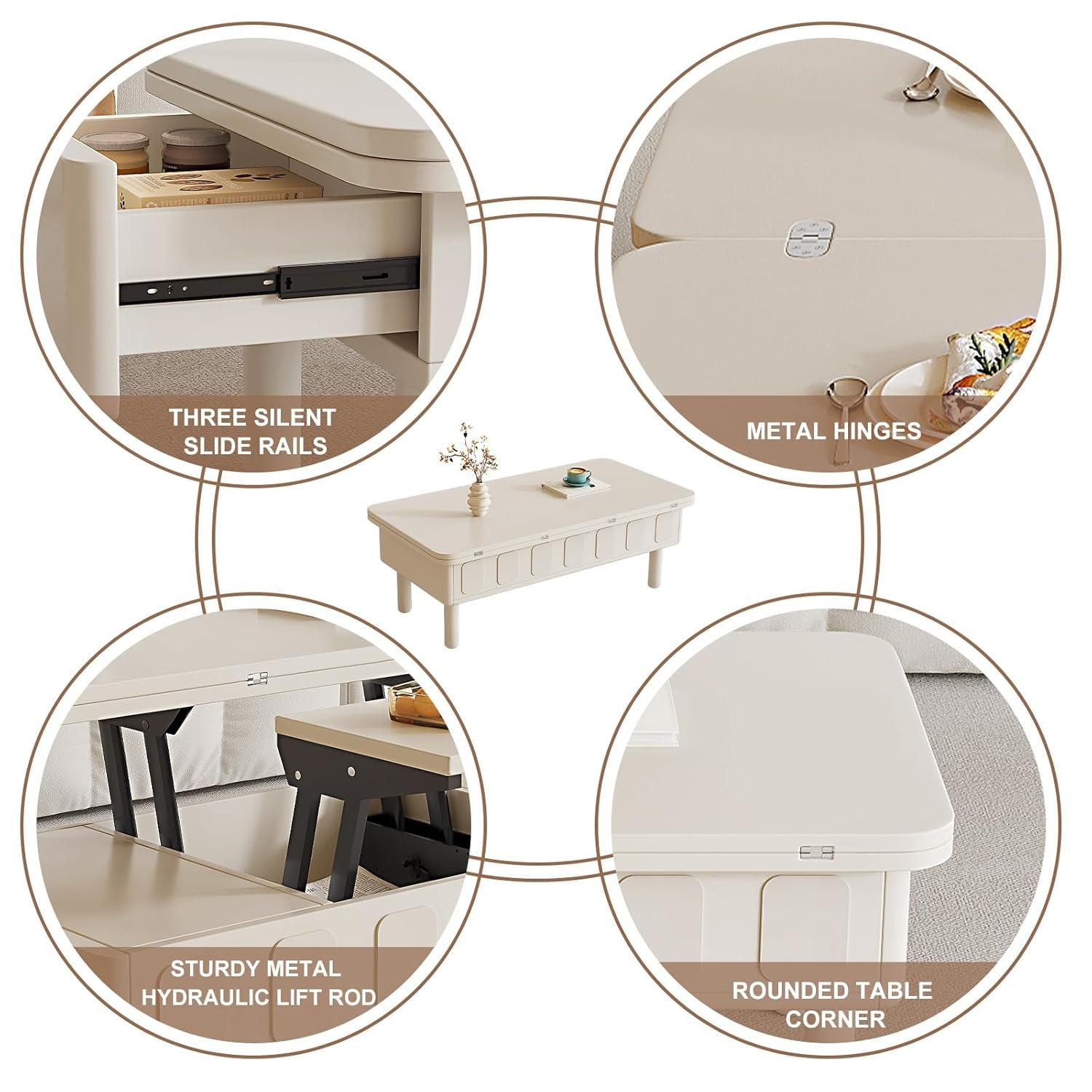 Guyii Extendable Coffee Table, 3-in-1 Lift Top Coffee Table with 2 Storage Drawers and Hidden Compartment for Living Room, Home, White