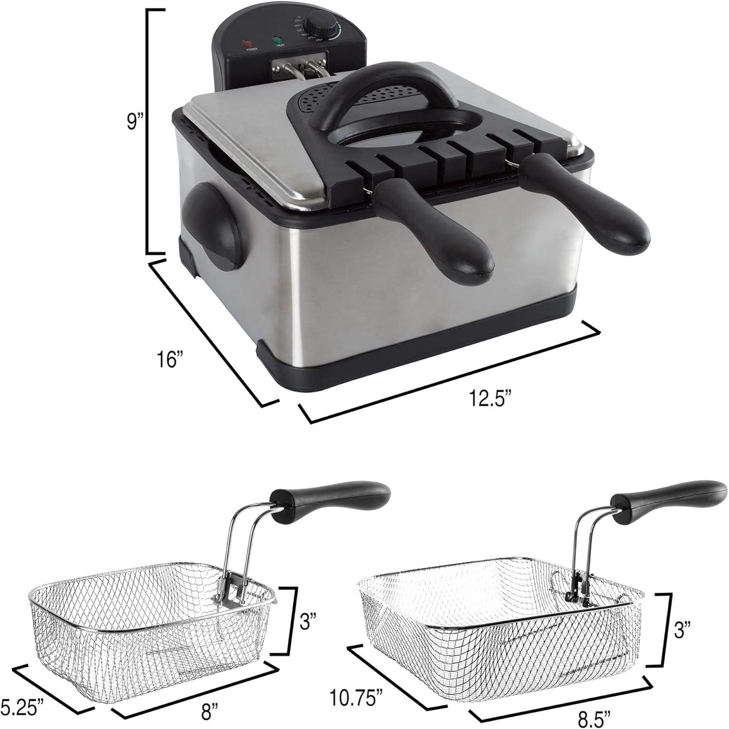 Deep Fryer - 4-Liter Electric Oil Fryer - 1 Large Basket and 2 Small for Dual Use - Stainless-Steel Cooker with Cool Touch Features by Classic Cuisine
