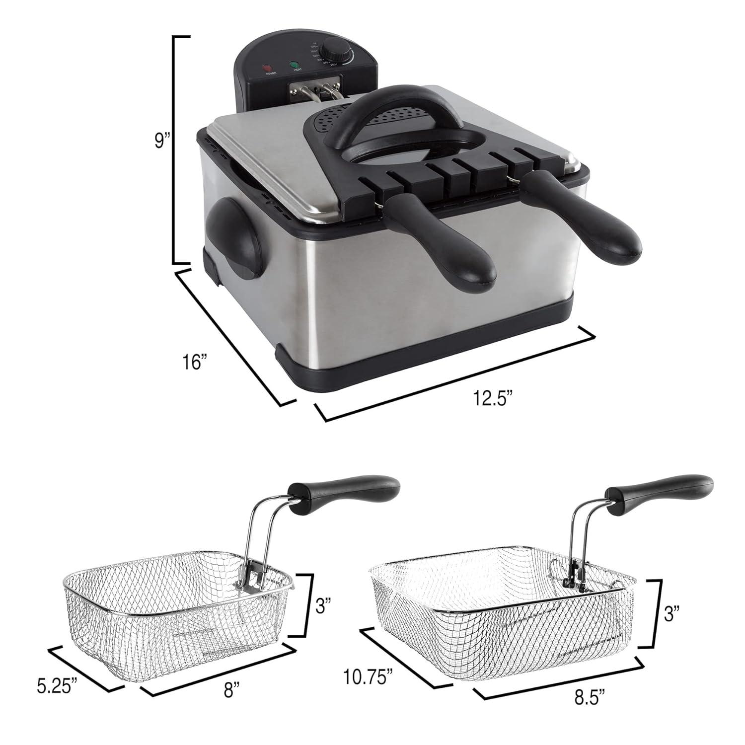 Deep Fryer - 4-Liter Electric Oil Fryer - 1 Large Basket and 2 Small for Dual Use - Stainless-Steel Cooker with Cool Touch Features by Classic Cuisine