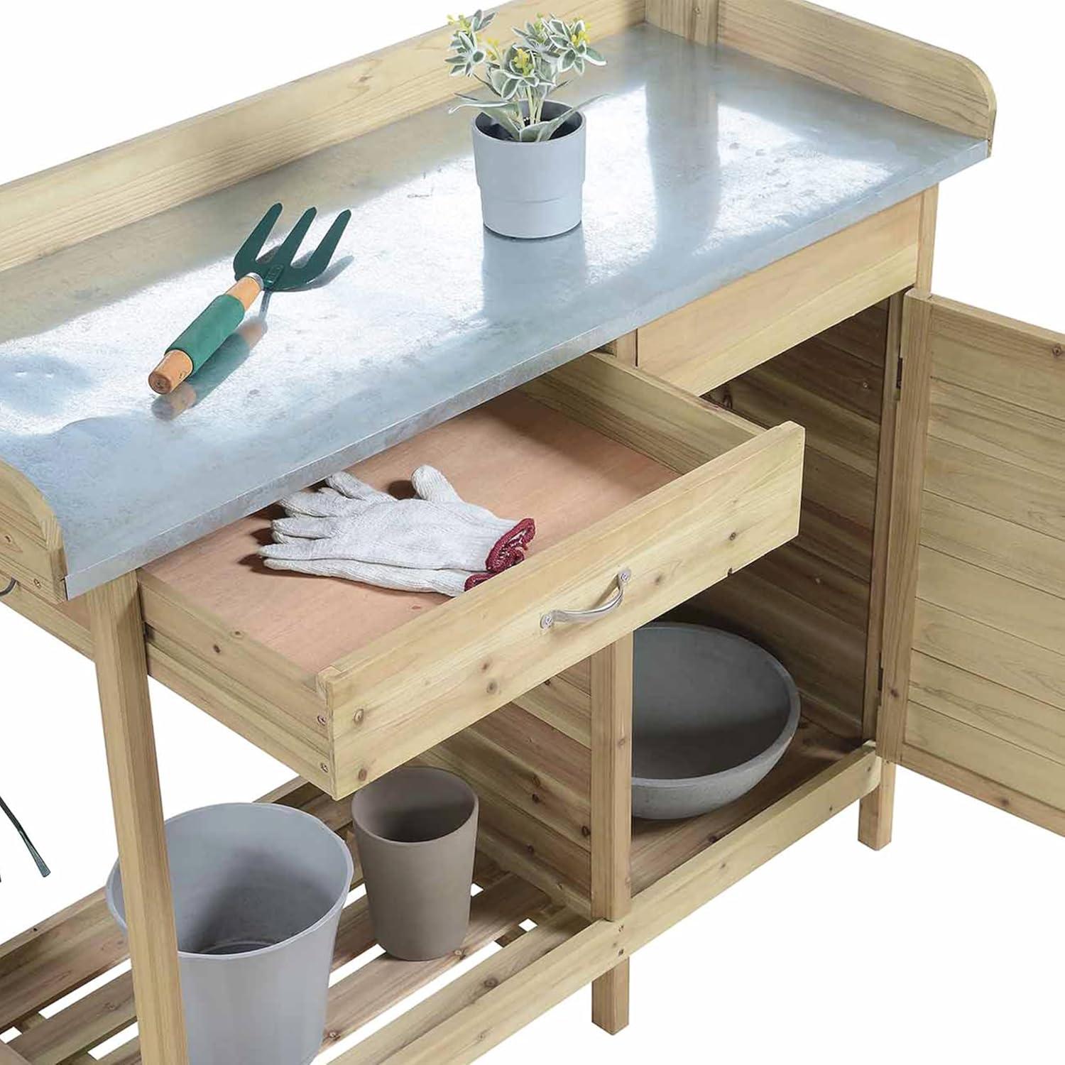 Convenience Concepts Deluxe Potting Bench with Cabinet- Natural Fir Wood Finish