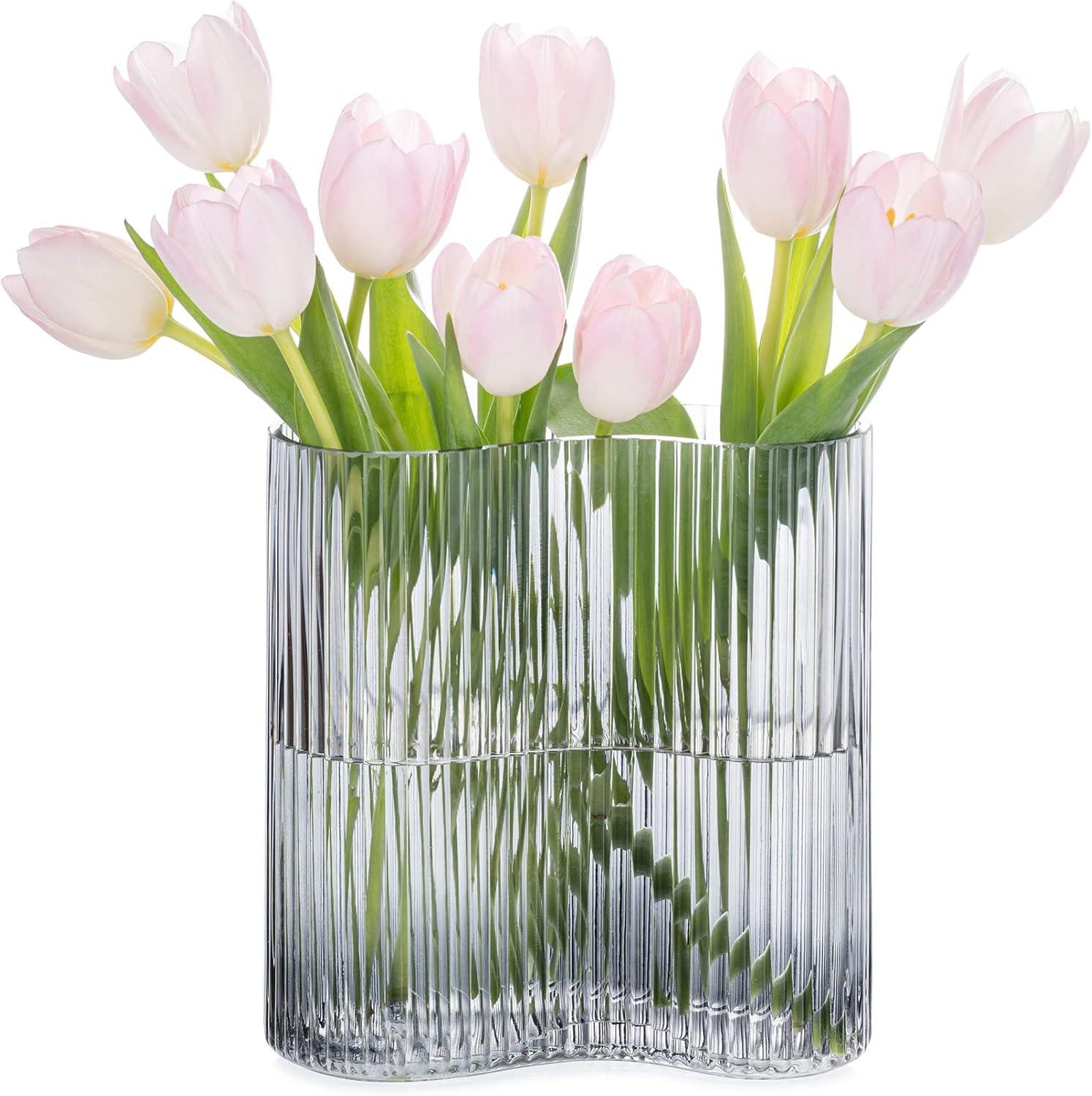 Gray Ribbed Glass Footprint Vase for Flowers, 8.3 Inch