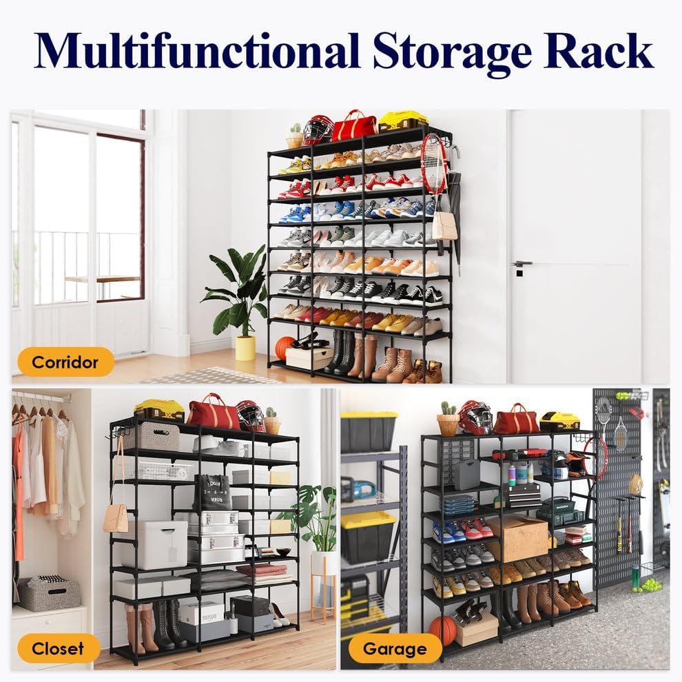 Black 8-Tier Stackable Metal and Fabric Shoe Rack