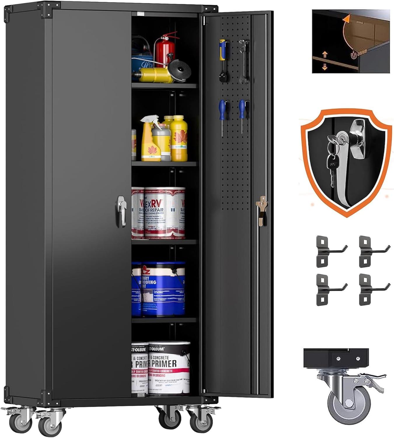 Open Box AOBABO 72 Inch Locking Metal Garage Cabinet w/Wheels & Pegboards,Black