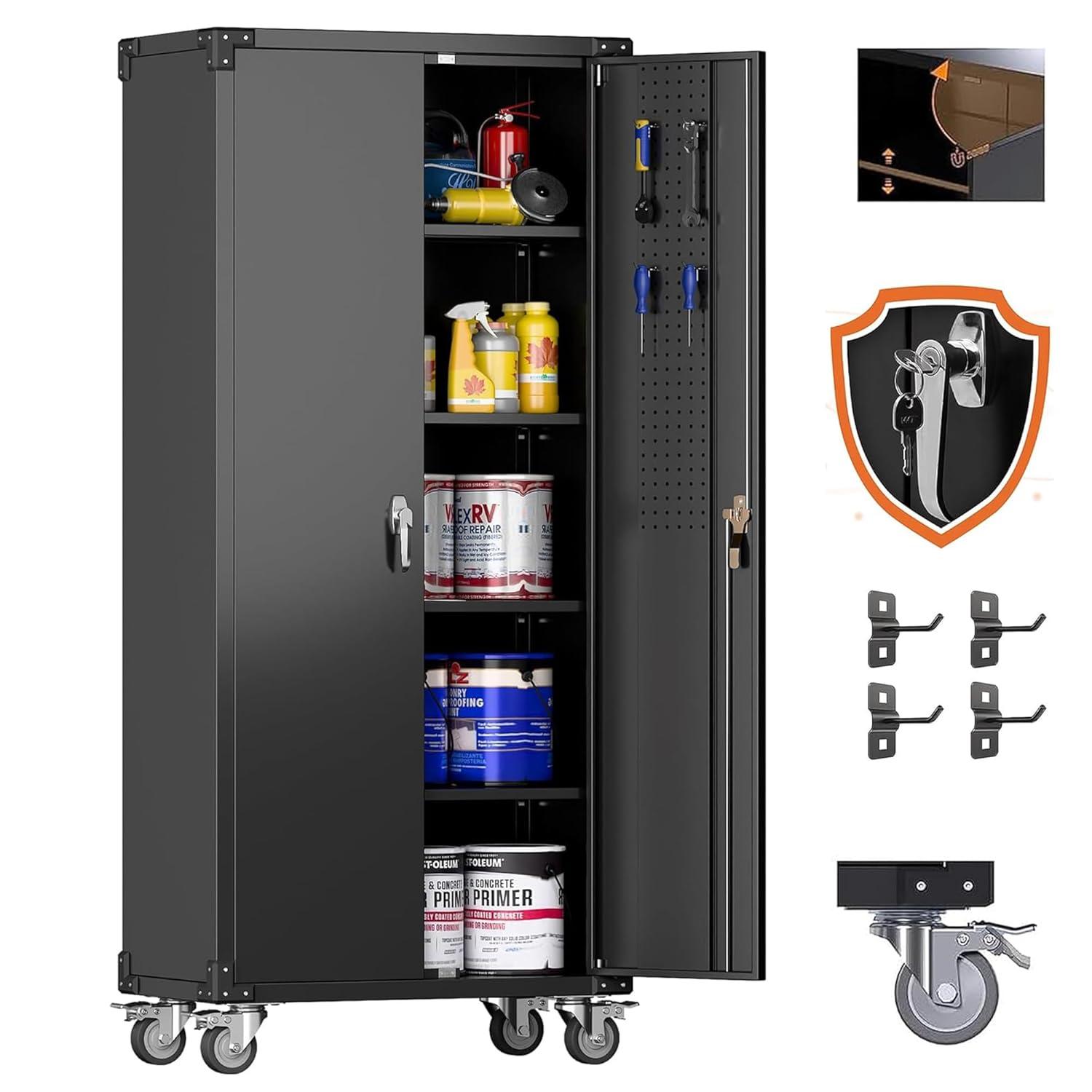 AOBABO 72 Inch Locking Metal Garage Storage Cabinet with Universal Rubber Wheels with Lockable Casters, Pegboards, and Magnetic Doors, Black