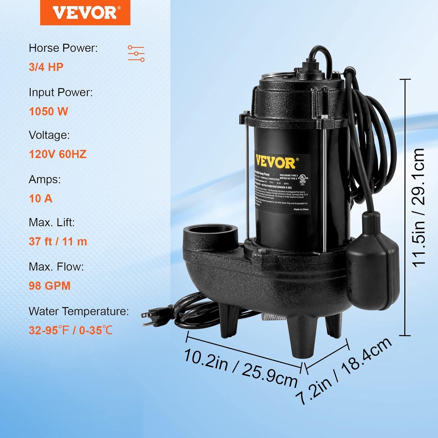 VEVOR 3/4 HP Black Cast Iron Submersible Sewage Pump with Float Switch