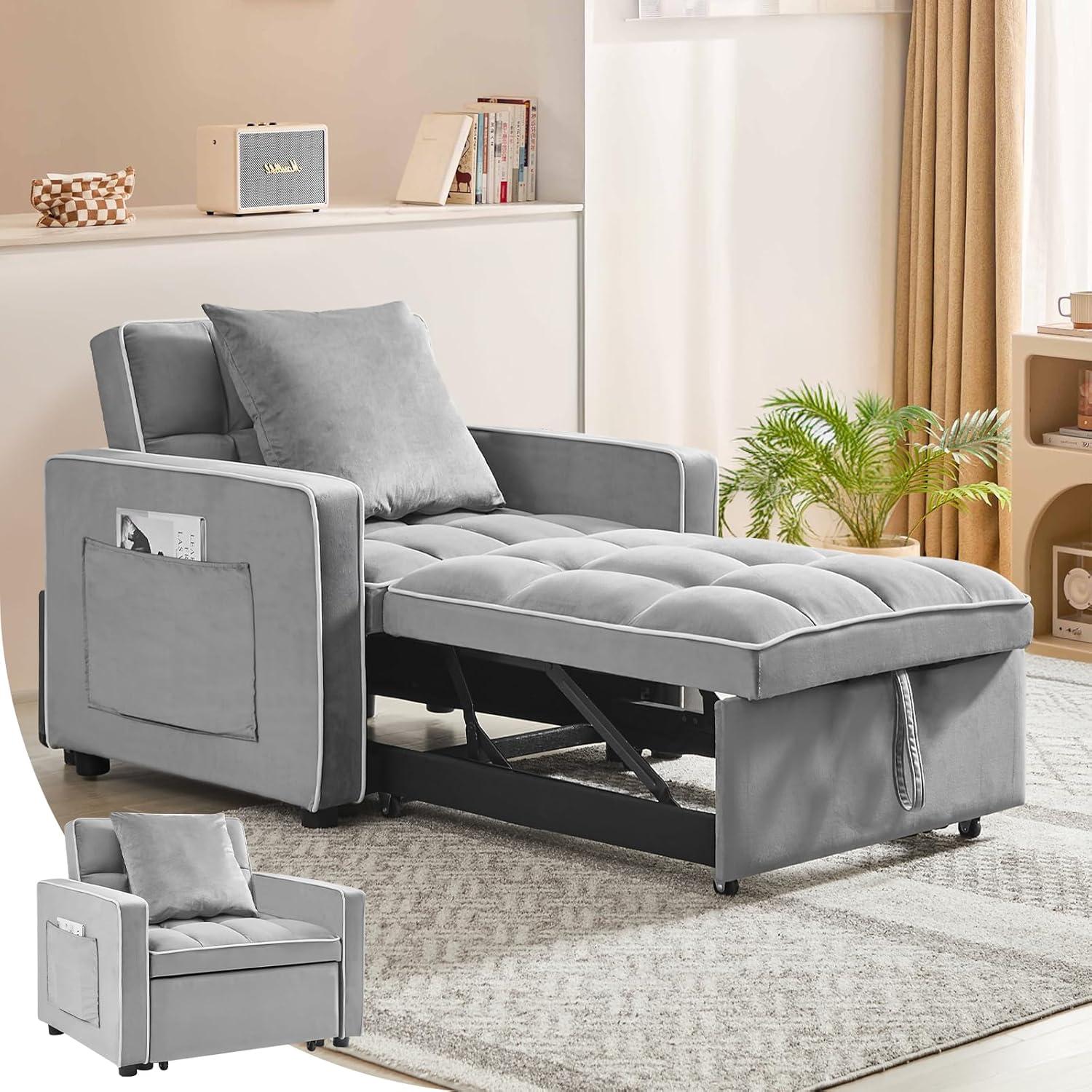 Muumblus Sleeper Sofa Chair Bed, 3-in-1 Convertible Sofa Chair, Modern Adult Velvet Chaise Lounge for Living Room, Gray