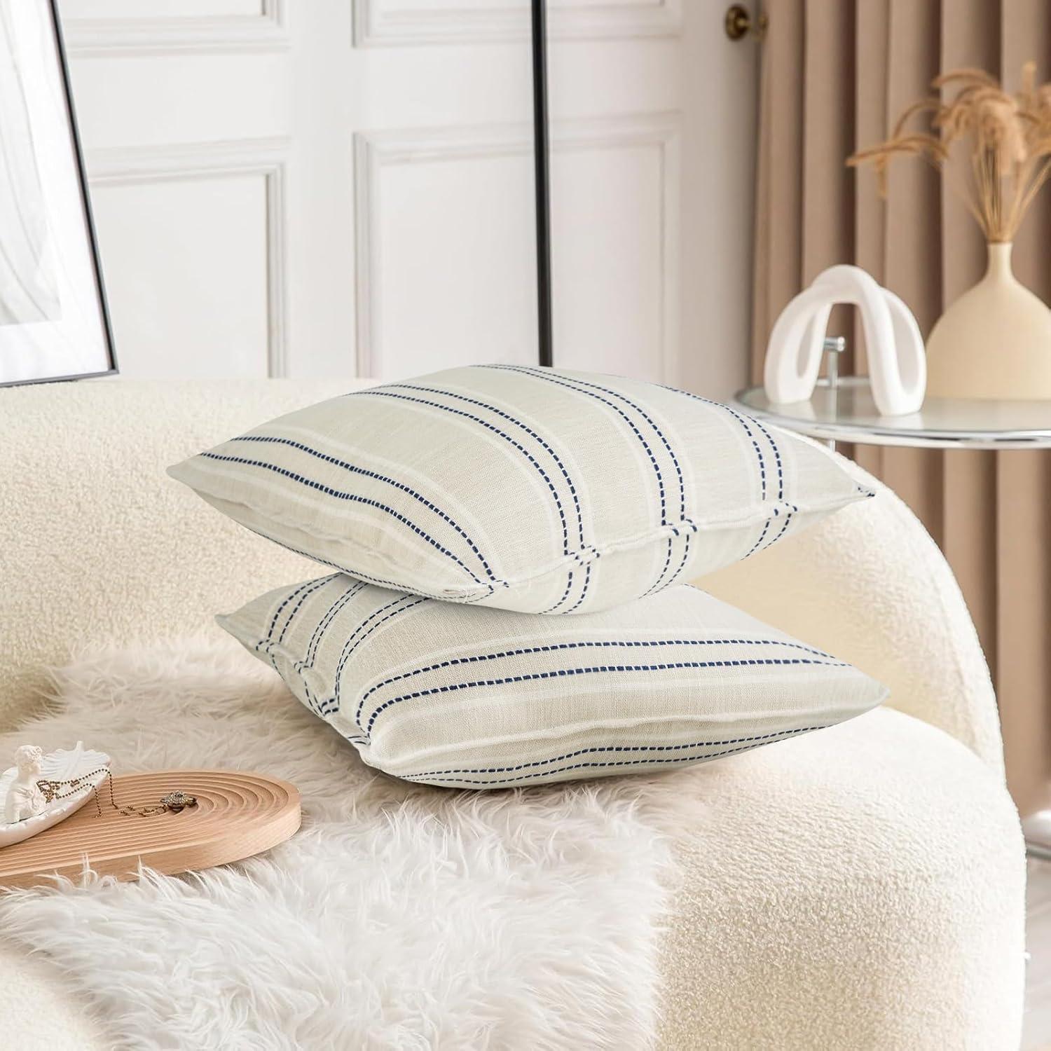 Beige and Navy Blue Farmhouse Stripe 18" Pillow Covers Set