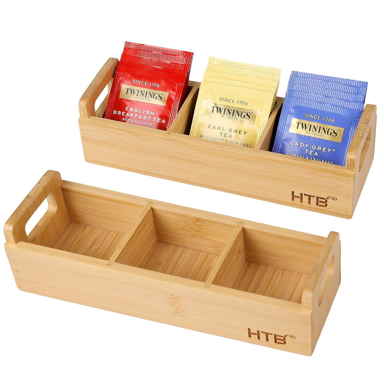 HTB Small Tea Bag Holder Pack of 2, Bamboo Tea Organizer 3 Compartments for Beverage Suppliers, Sweeteners, Individual Packets, Portable Tea Bag Organizer for Home Kitchen Counter or Office