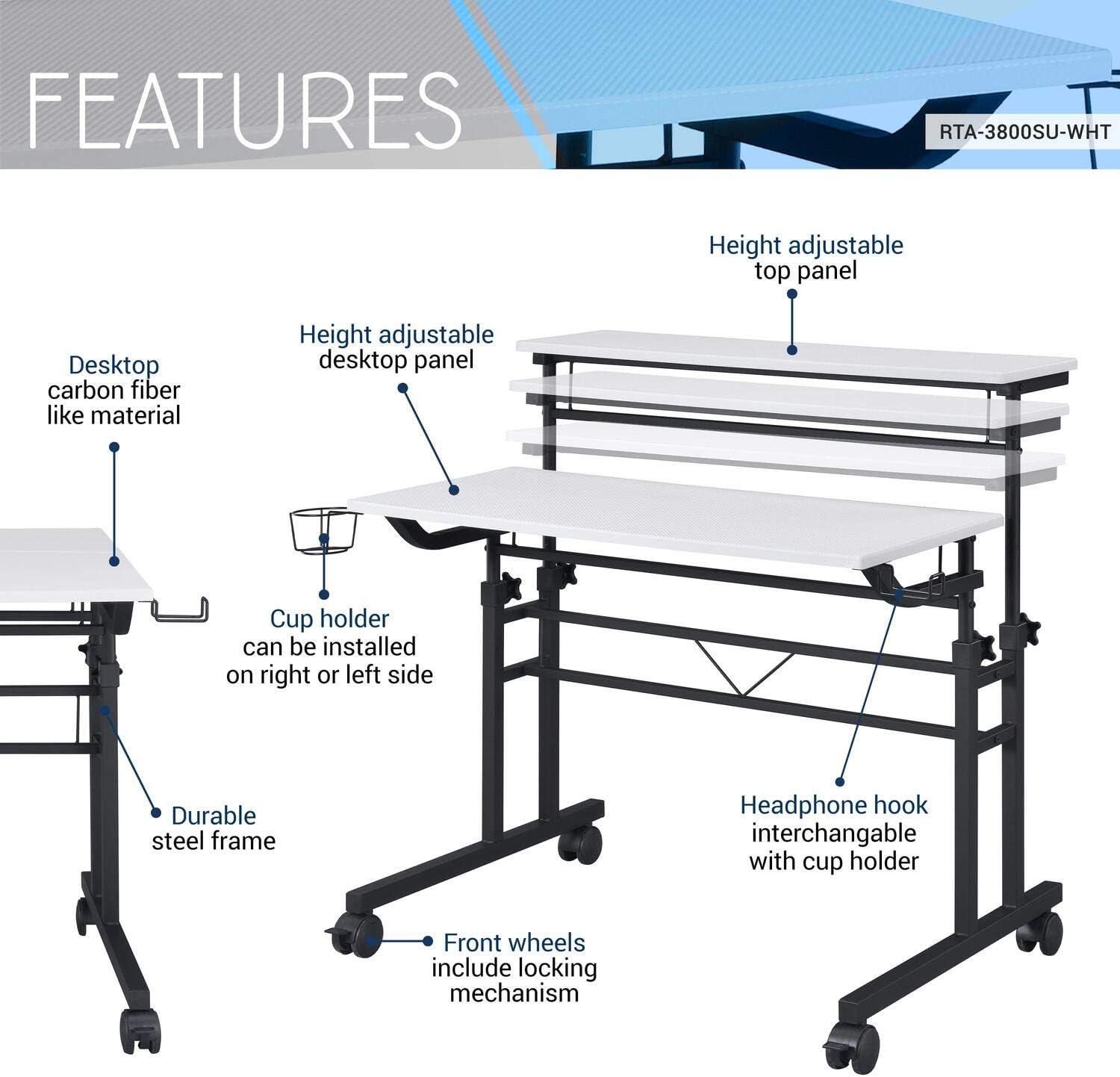 Rolling Writing Desk with Height Adjustable Desktop and Moveable Shelf White - Techni Mobili: Locking Casters, Open Storage