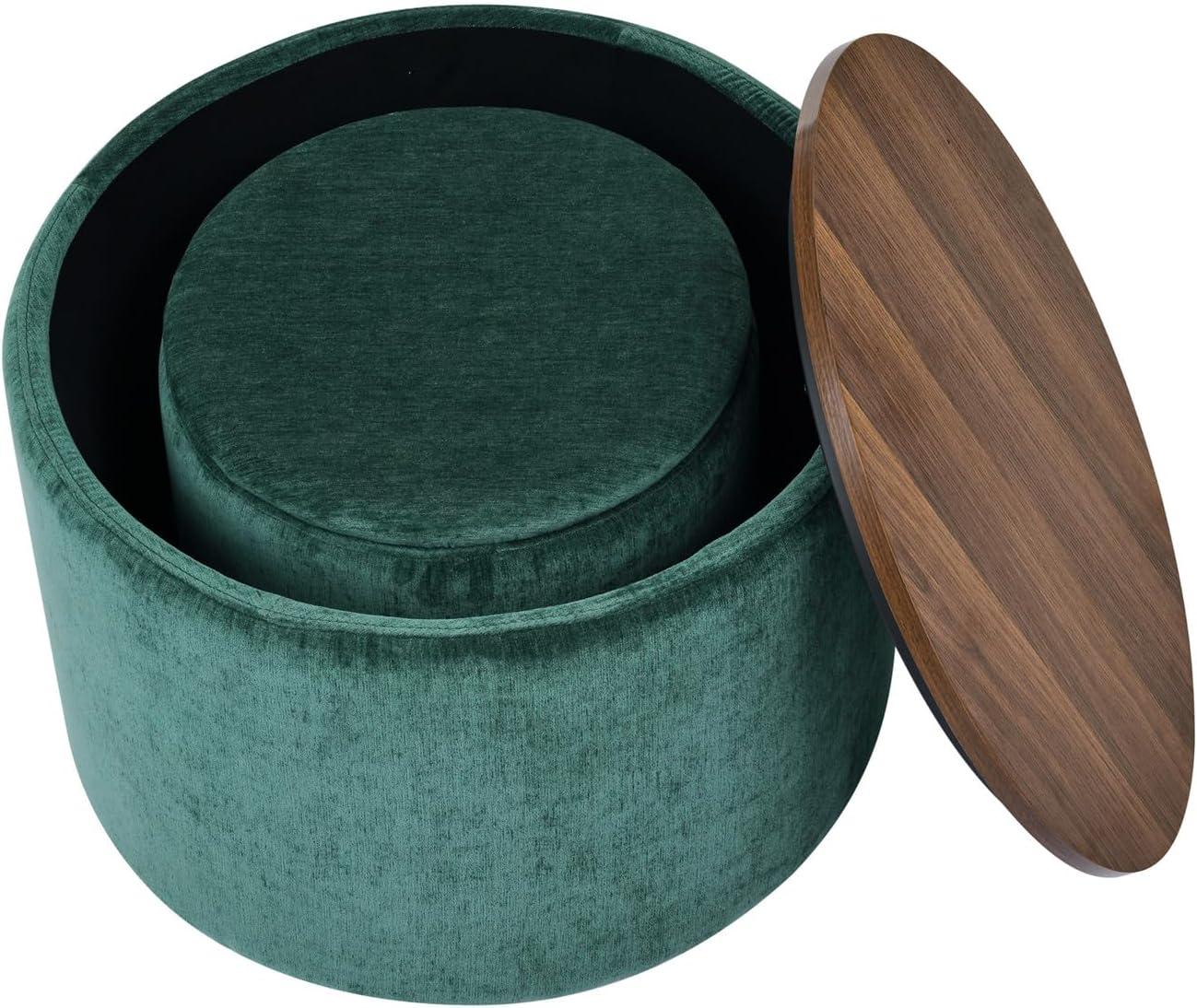 2-Piece Set Storage Ottoman, Round Chenille Makeup Vanity Stool Chair with Storage Space, for Serving as a Living Room Footstool, Coffee Table and Additional Seats, Dark Green