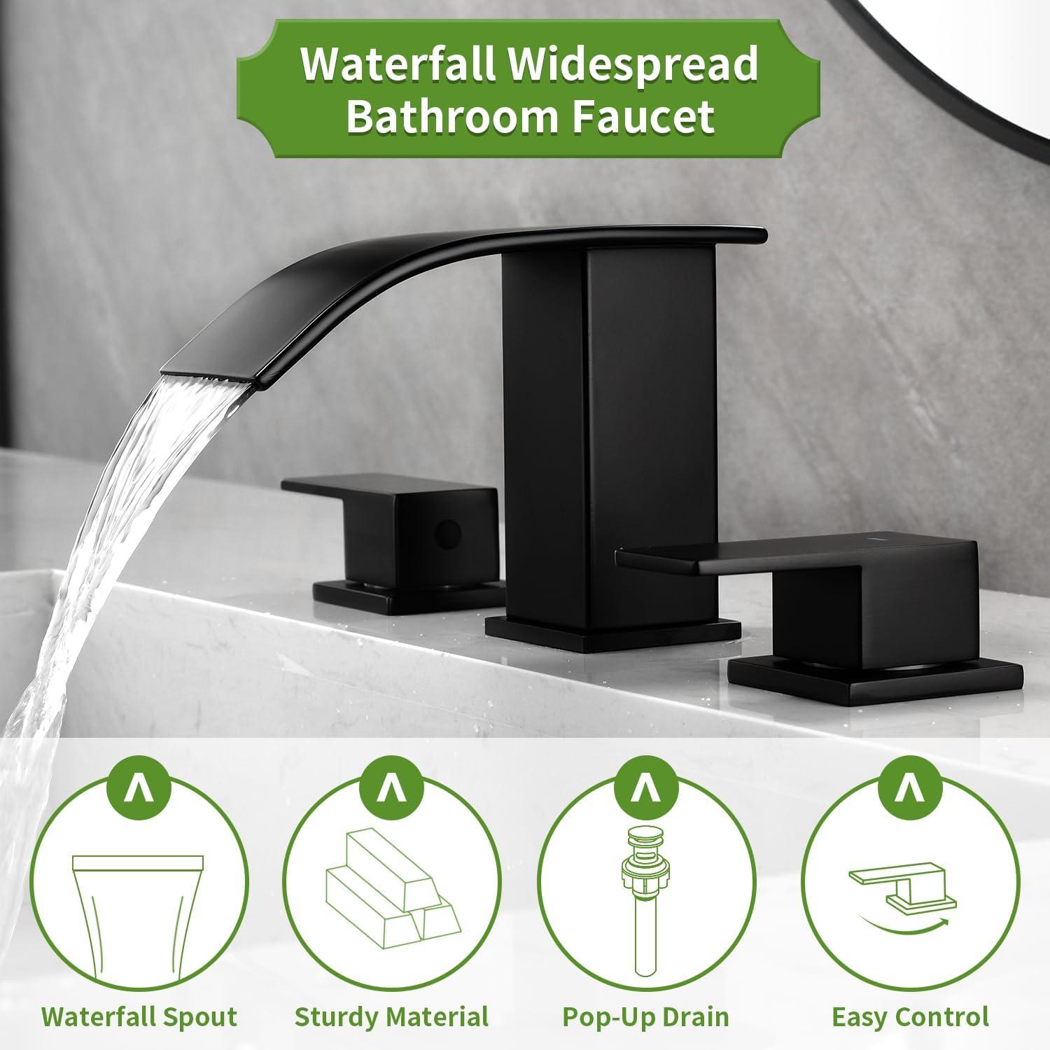 Matte Black Modern Waterfall 3-Piece Bathroom Faucet Set