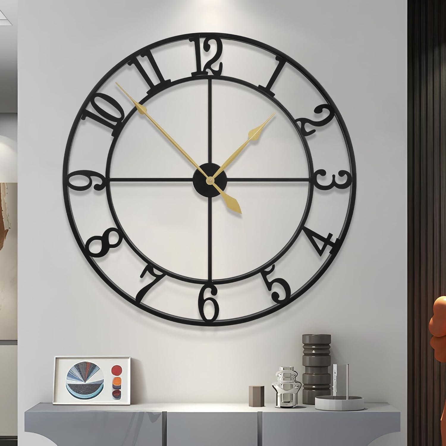 Large Vintage Round Metal Wall Clock Silent Non Ticking Battery Operated Black Roman Numerals Clocks For Living Room Bedroom Kitchen Decoration