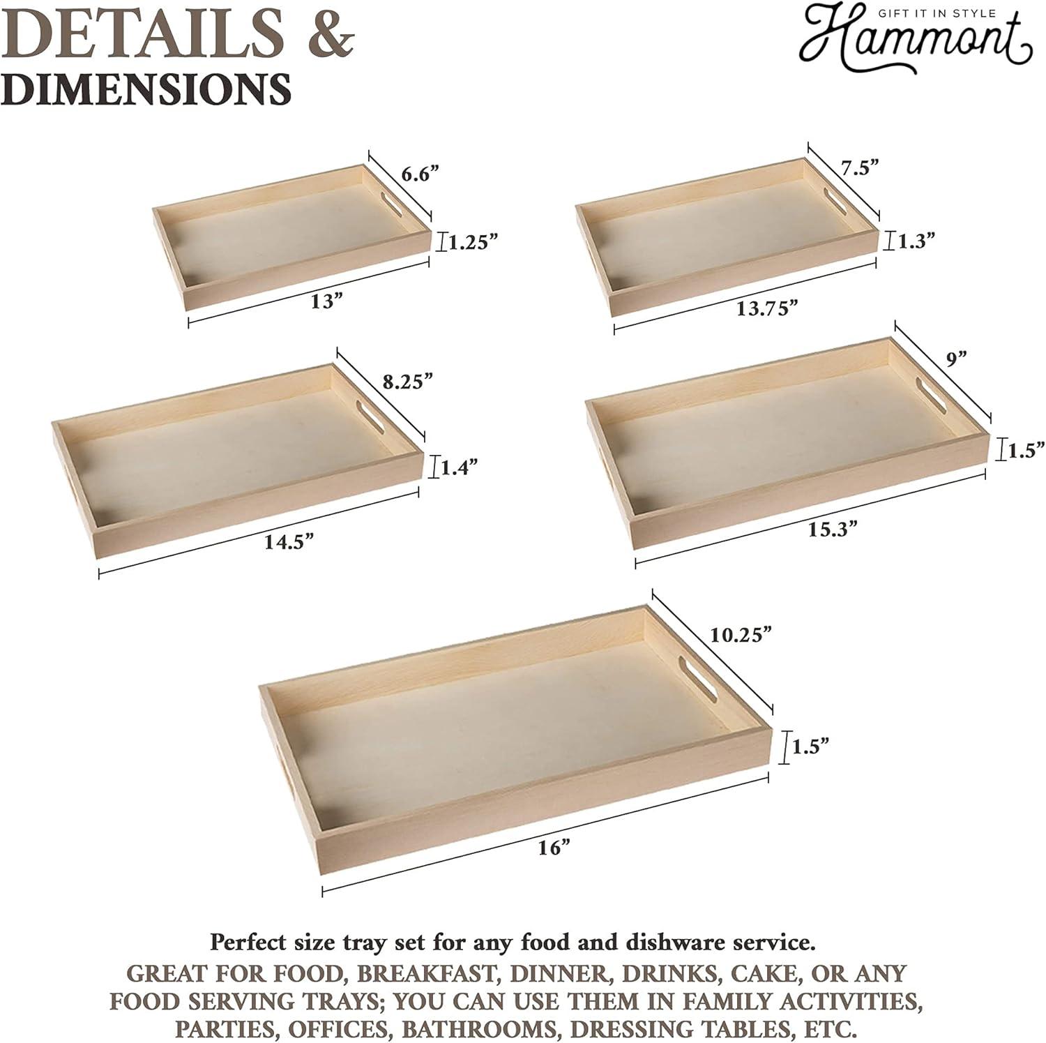 Natural Wood Rectangular Nested Serving Trays with Handles, Set of 5