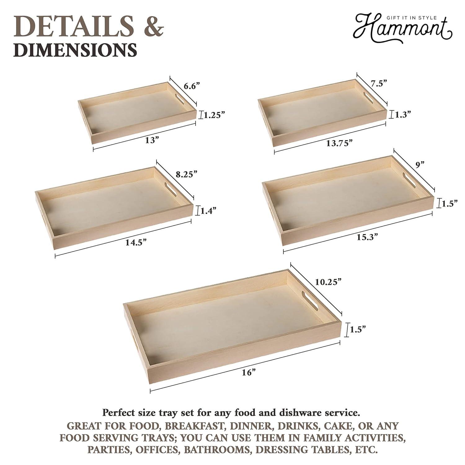 Natural Wood Rectangular Nested Serving Trays with Handles, Set of 5