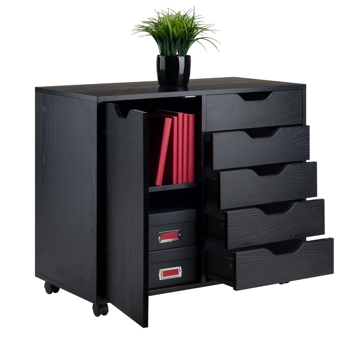 Halifax Cabinet with 5 Drawer & 1 Side Cabinet Black - Winsome: Mobile Storage Unit, Composite Wood, Modern Design