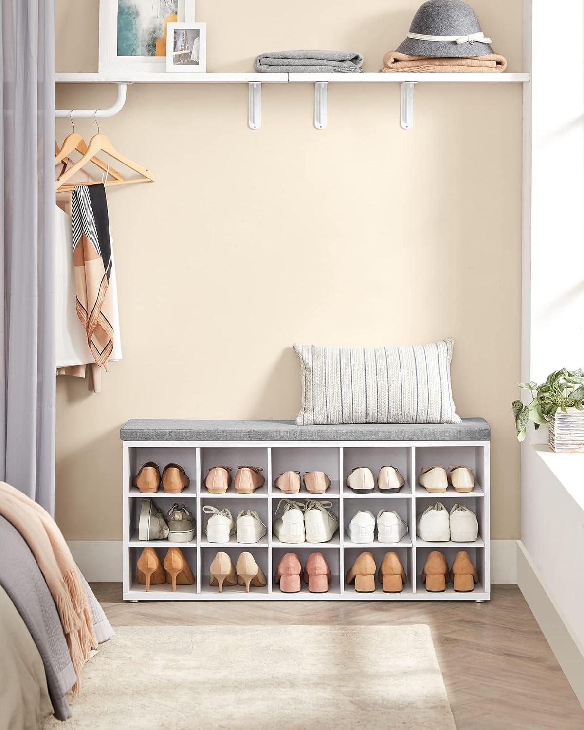 White and Gray Particleboard Shoe Storage Bench with Cushion