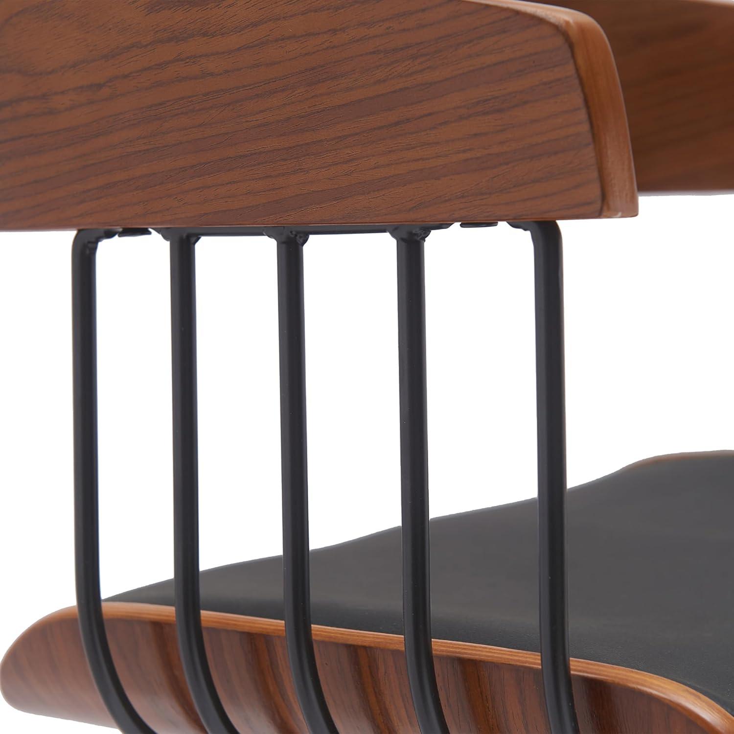 Armen Living Indoor Athena 31" Swivel Walnut Wood Bar Stool in Black Faux Leather with Black Metal
