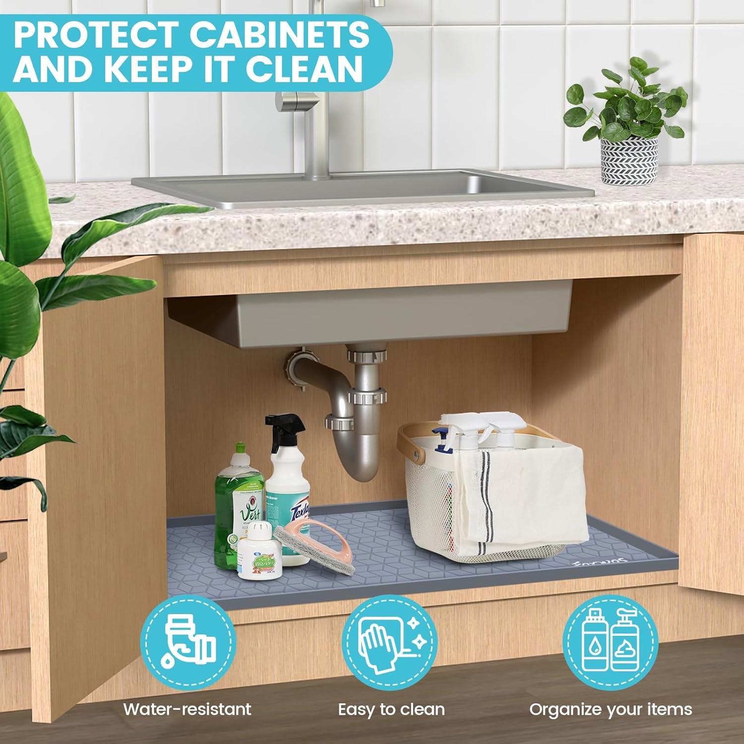 Under Sink Mat, 34" X 22" Silicone Mats For Kitchen Waterproof, Under Sink Cabinet Organizers And Storage, Sink And Cabinet Protector, Under Sink Tray For Bathroom (Grey)