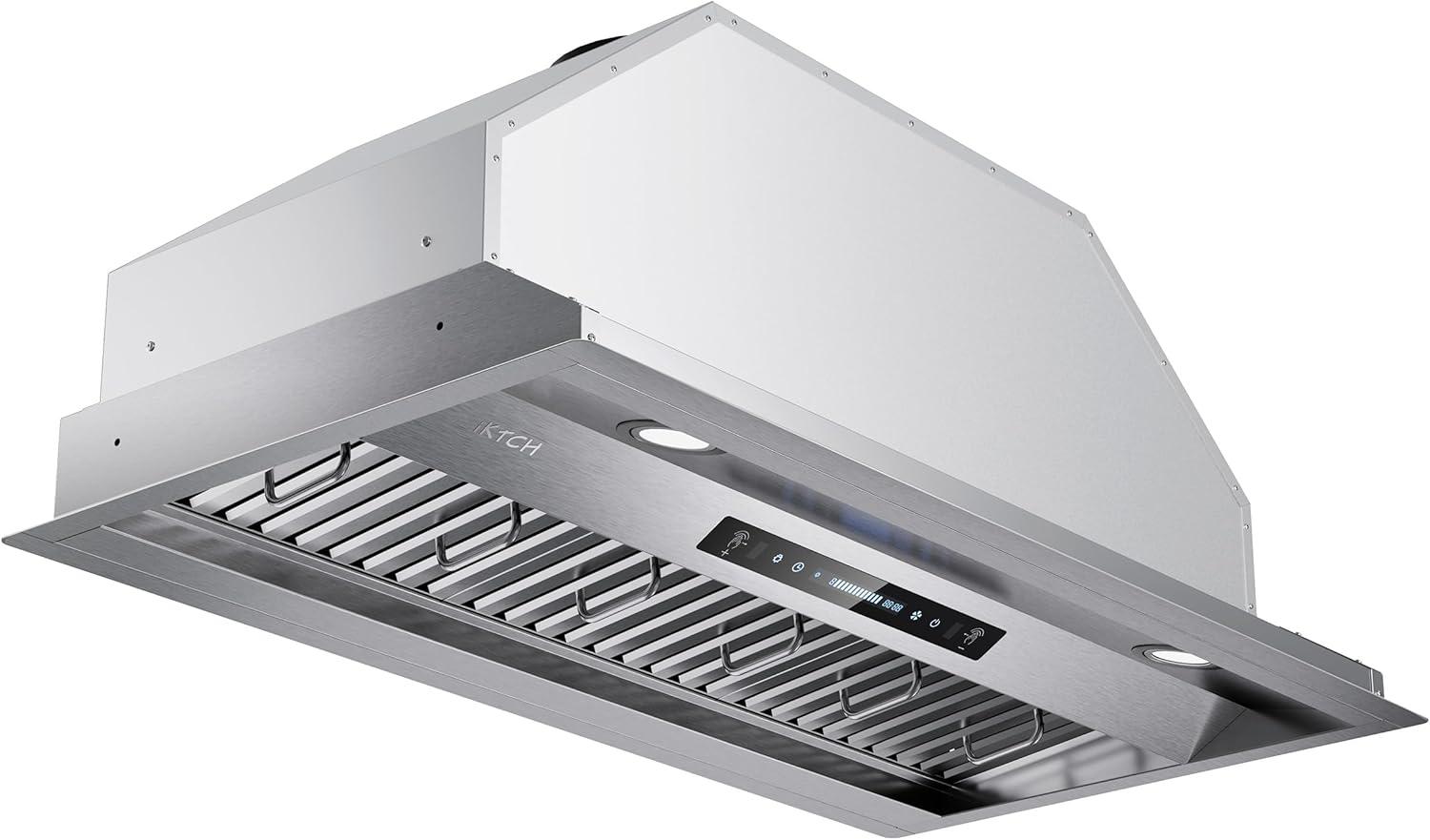 IKTCH 42 inch Built-in/Insert Range Hood 900 CFM, Ducted/Ductless Convertible Duct, Stainless Steel Kitchen Vent Hood with 2 Pcs Adjustable Lights and 3 Pcs Baffle Filters with Handlebar(IKB02-42'')