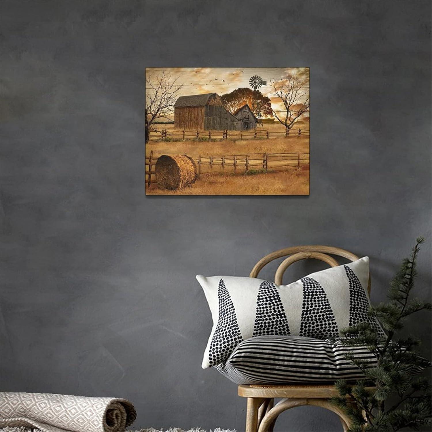 Farmhouse Wall Art Rustic Wall Decor Old Barn Canvas Prints Country Sunset Landscape Painting Pictures Home Modern Artwork Home Decoration for Bathroom Bedroom Living Room 16"x12"