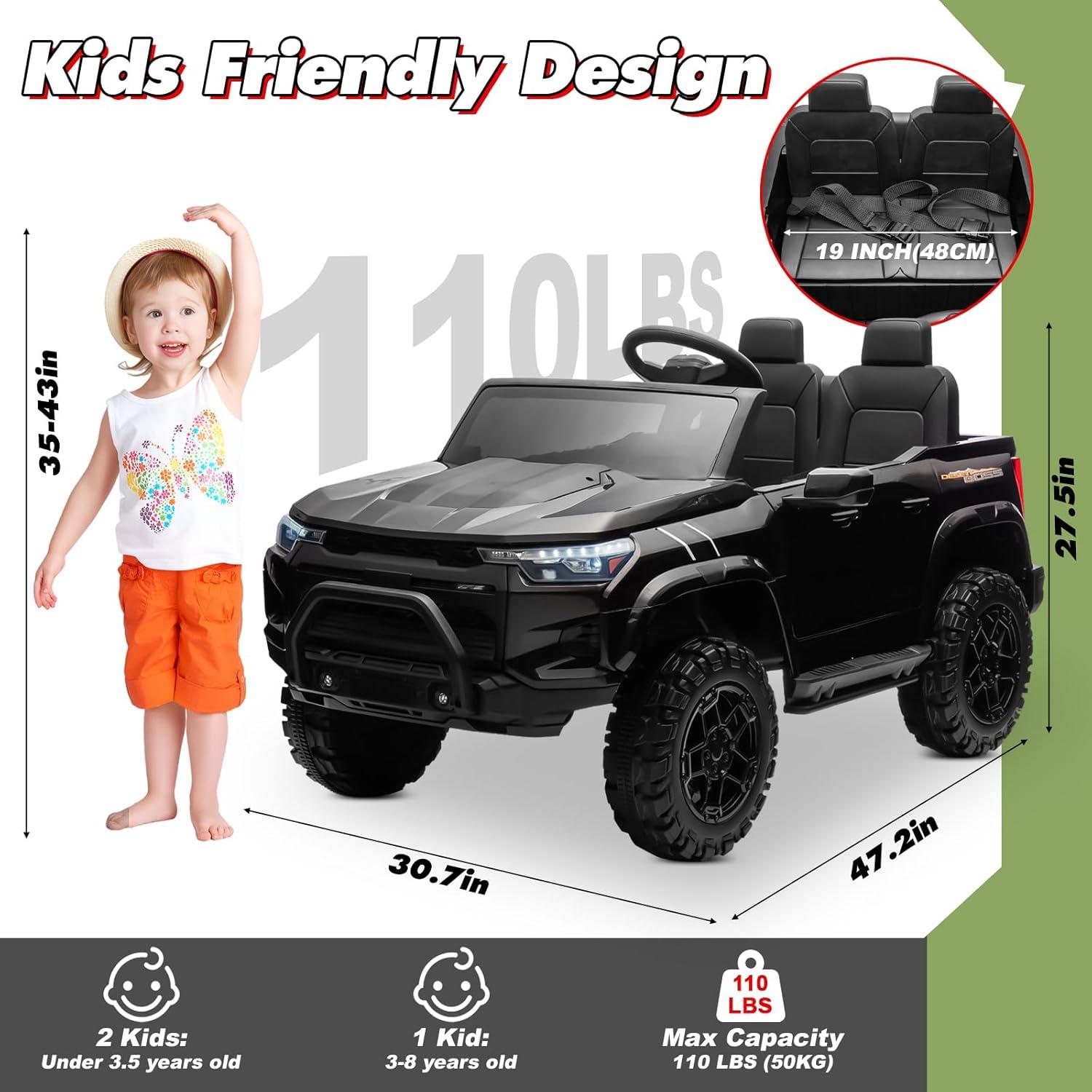 Hikiddo 4WD 2-Seater Electric Car for Kids, 24V 10Ah Ride on Toys Truck for Big Kids w/ Remote, 4x200W Motor - Black