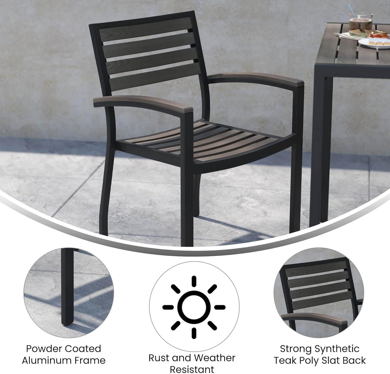 Flash Furniture 2 Pack All-Weather Black Aluminum Patio Stack Chairs - Gray Wash Faux Teak Slats