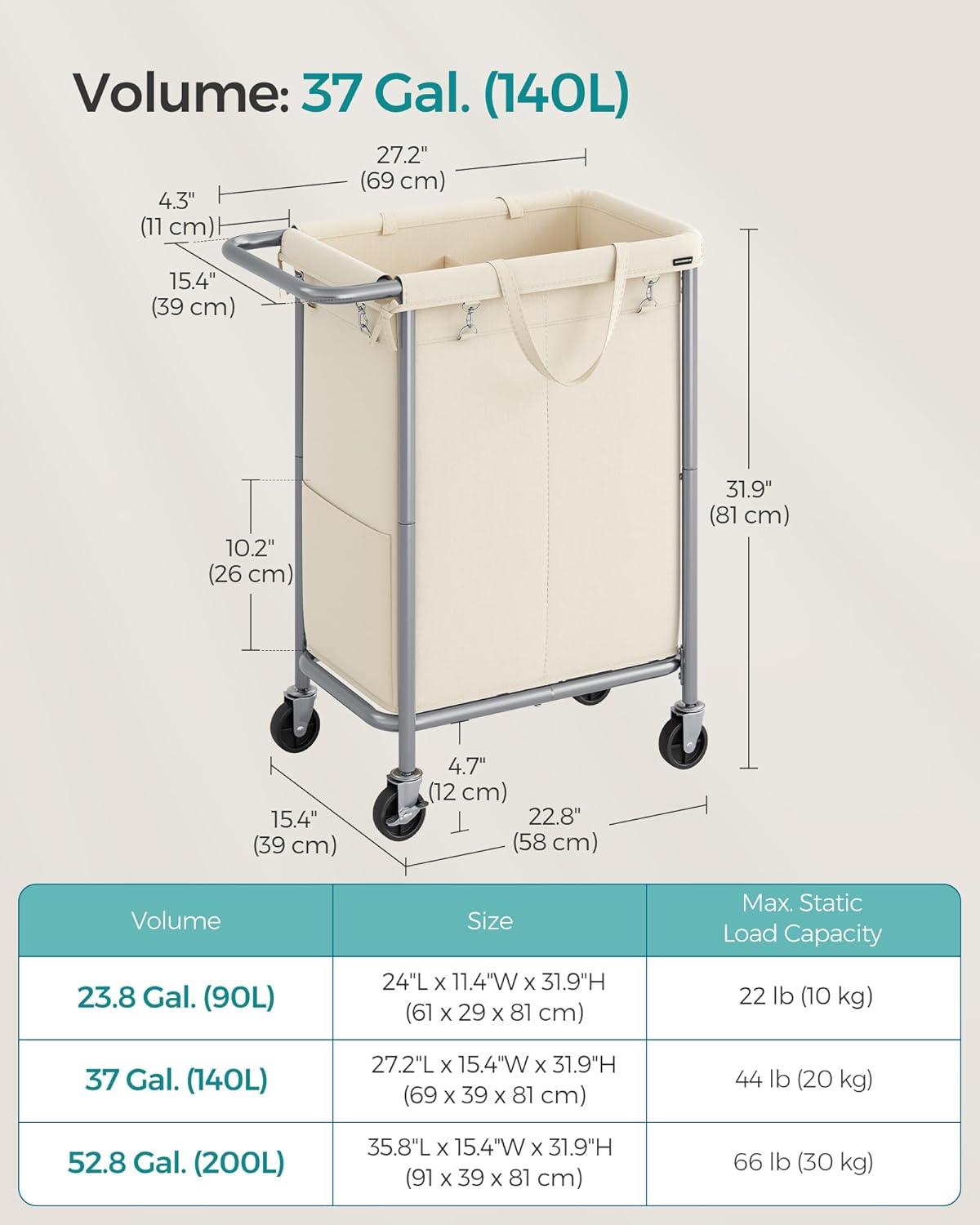 SONGMICS Laundry Basket with Wheels, 2-Section Rolling Laundry Hamper, 37 Gallons (140 L), Removable Liner, Steel Frame with Handle, 27.2 x 15.4 x 31.9 Inches, Cream White URLS004W01