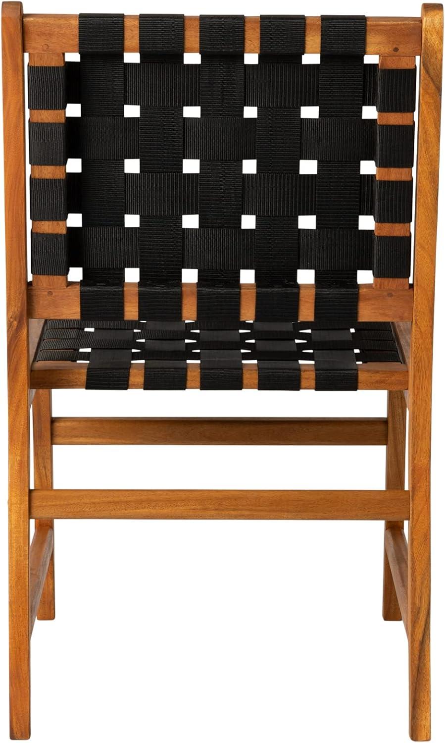 Balkene Home Sava Indoor Outdoor Armless Dining Side Chair, Portable Seating, Acacia Wood Woven Seat - Black Webbing