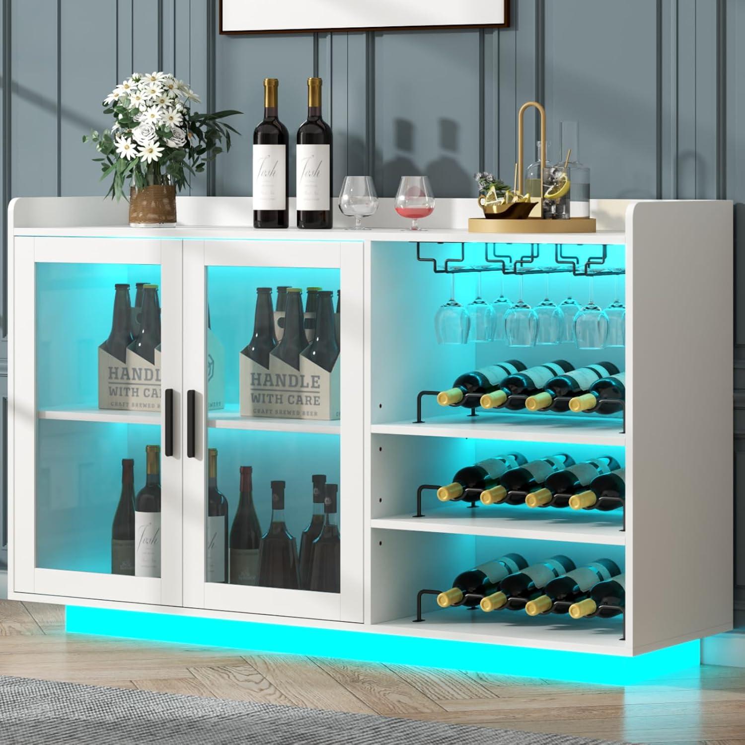 Brayden Studio® Wine Bar Cabinet with LED Lights, Floating Coffee Bar with Glass Rack and Removable Wine Racks, Modern Buffet Sideboard with Storage Shelves, Kithchen Bar with Glass Cabinet Doors, White