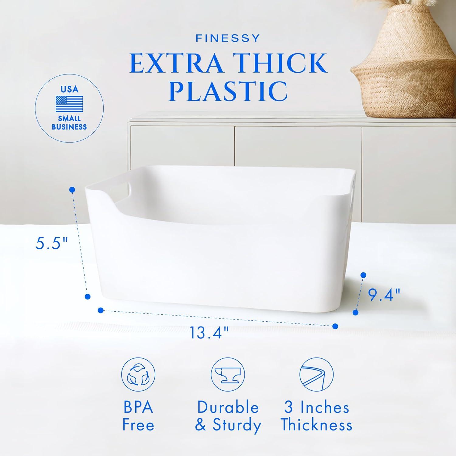 FINESSY White Plastic Storage Bins for Shelves, Small Closet Kitchen Storage Containers for Pantry Bathroom Office Organization Baskets, Cabinet Organizing Containers, White Organizer Bins for Shelves