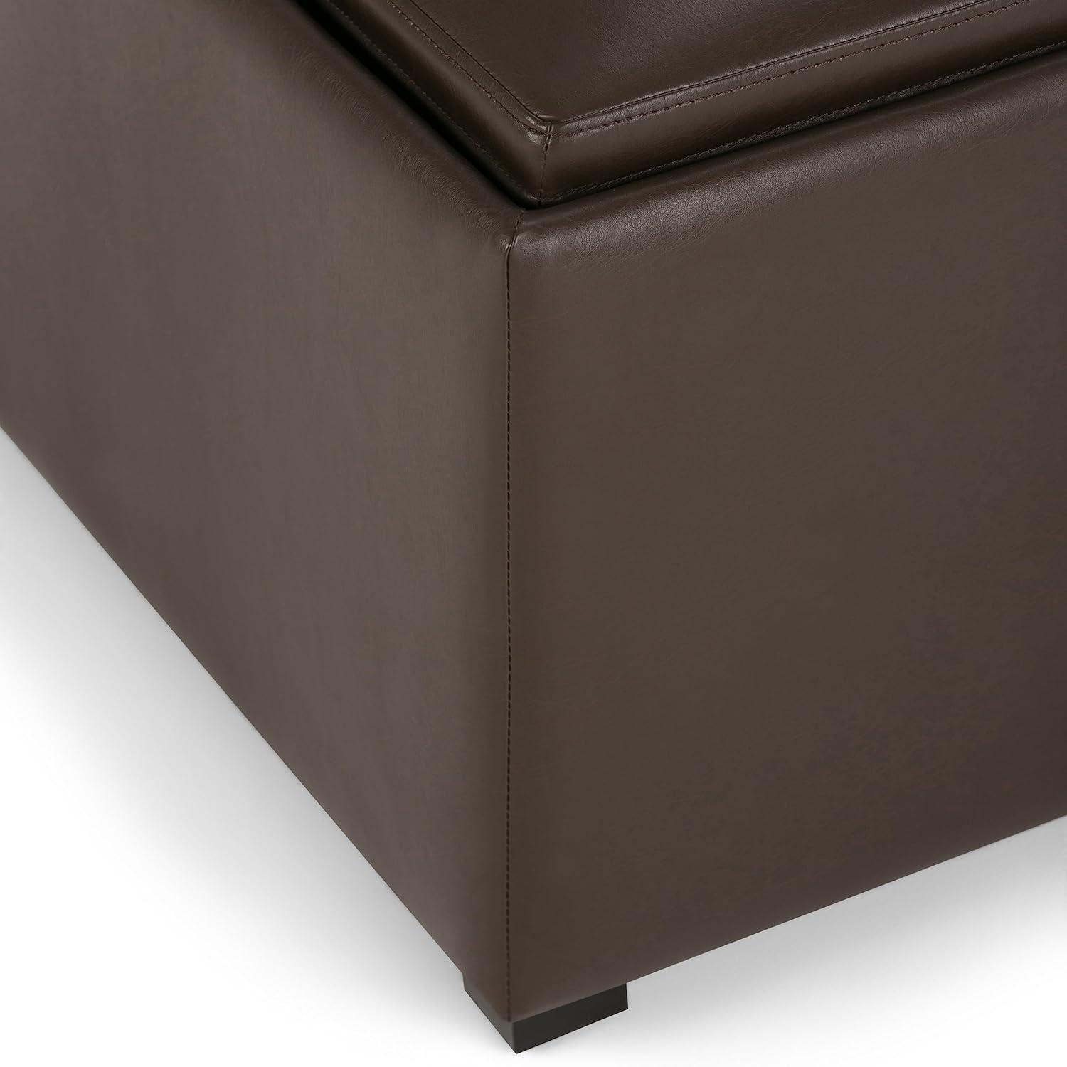 Simpli Home Avalon 35"W Upholstered Square Coffee Table Storage Ottoman with Flip-Over Trays