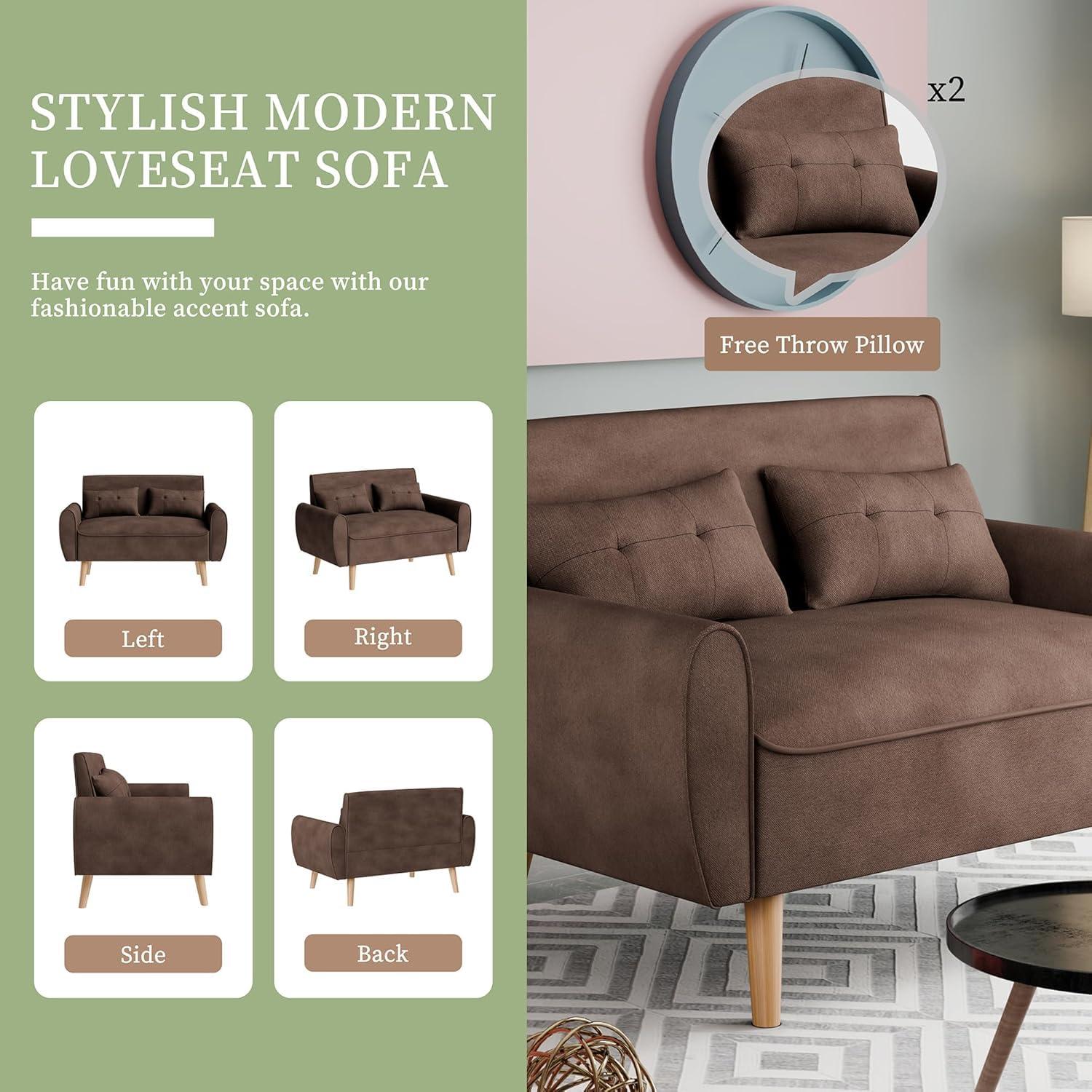 47" Black Tufted Linen Loveseat with Wood Legs